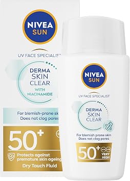 NIVEA SUN Derma Skin Clear SPF50+ 40ml, Face Sunscreen with Anti-Blemish Complex and Niacinamide, Protects Against UVA/UVB Rays and Premature Skin Ageing