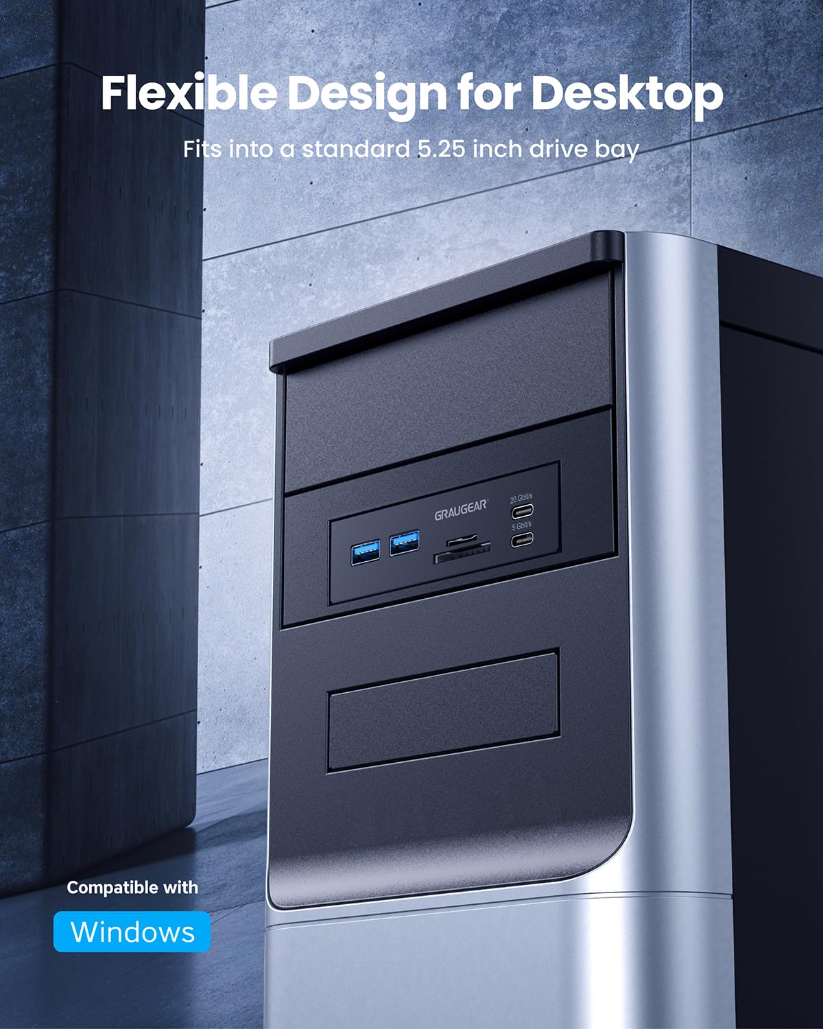 GRAUGEAR 5,25-calowy panel przedni PC do obudowy komputera z czytnikiem kart SD i 4-portowym HUB USB 3.2 I USB-C 20 Gbit/s I + ramka do montażu SSD I na 2 x 2,5" SATA SSD wewnętrzne I bez śrub do
