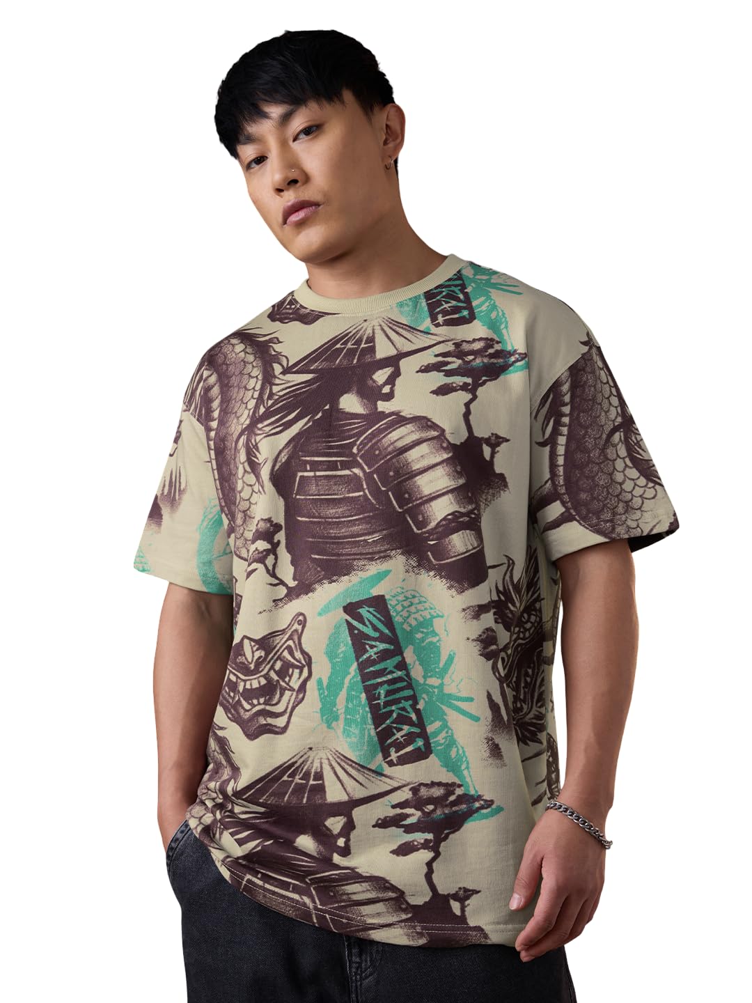 Samurai Men and Boys Short Sleeves Round Neck Beige Graphic Printed All-Over Print Casual Streetwear Drop Shoulder Cotton Oversized T-Shirt-image-11