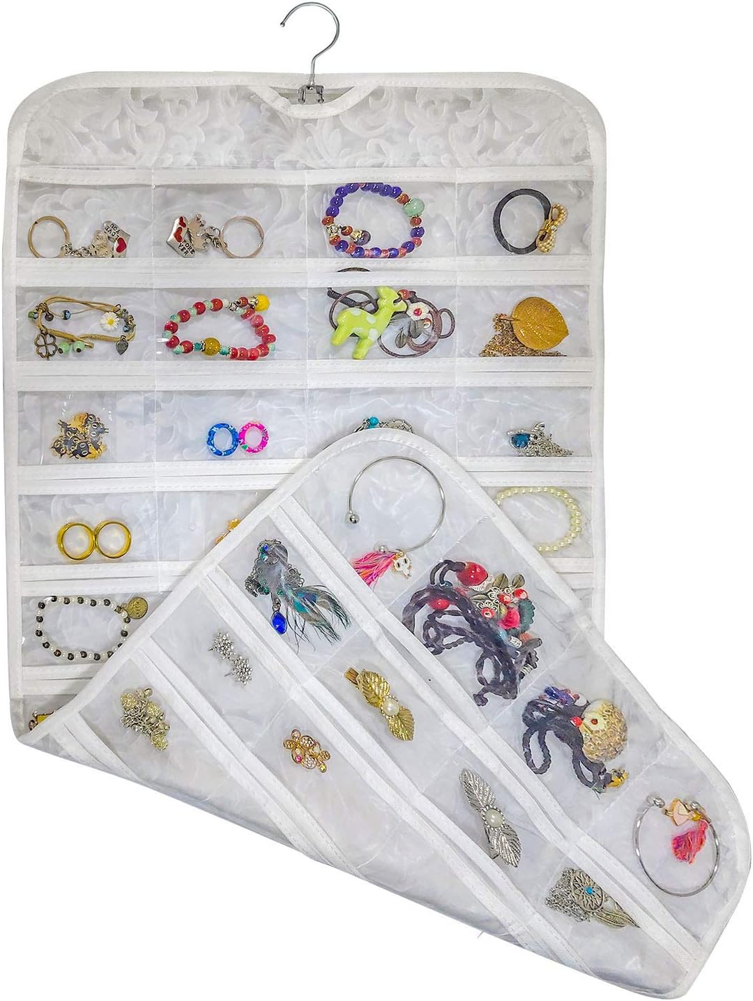 BB Brotrade Hanging Jewelry Organizer,Accessories Organizer,80 Pocket Organizer for Holding Jewelries (White-Embossed) image 5