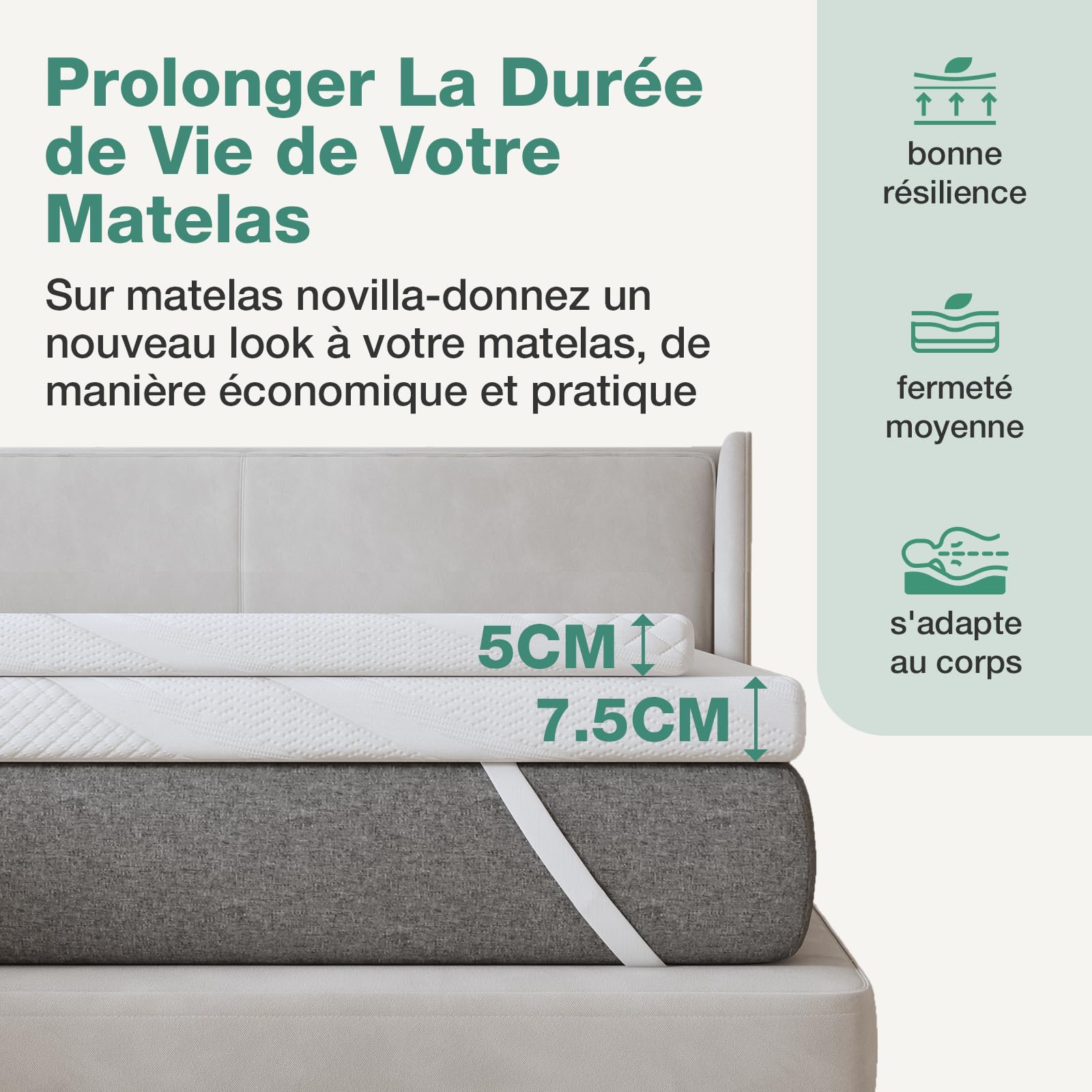 Novilla Surmatelas 140x190, 7.5CM, Surmatelas en Mousse à Mémoire de Forme Gel, Mousse Confort, Doux pour la Peau et Doux, avec Design Antidérapant et Certification de Sécurité, Lavable