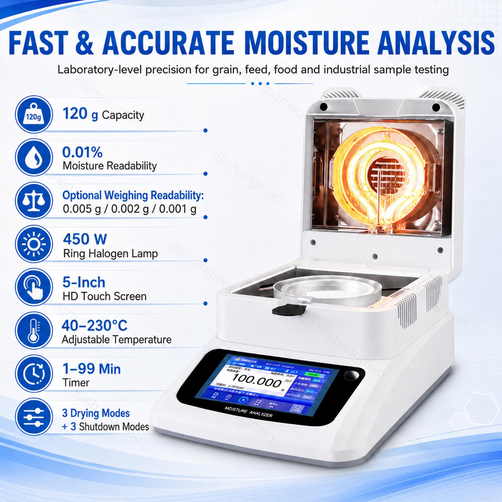Balanza analizador de humedad, capacidad de 120 g, legibilidad del 0,01%, pantalla táctil de 5 pulgadas, temporizador, interfaz RS-232 para laboratorio y control de calidad