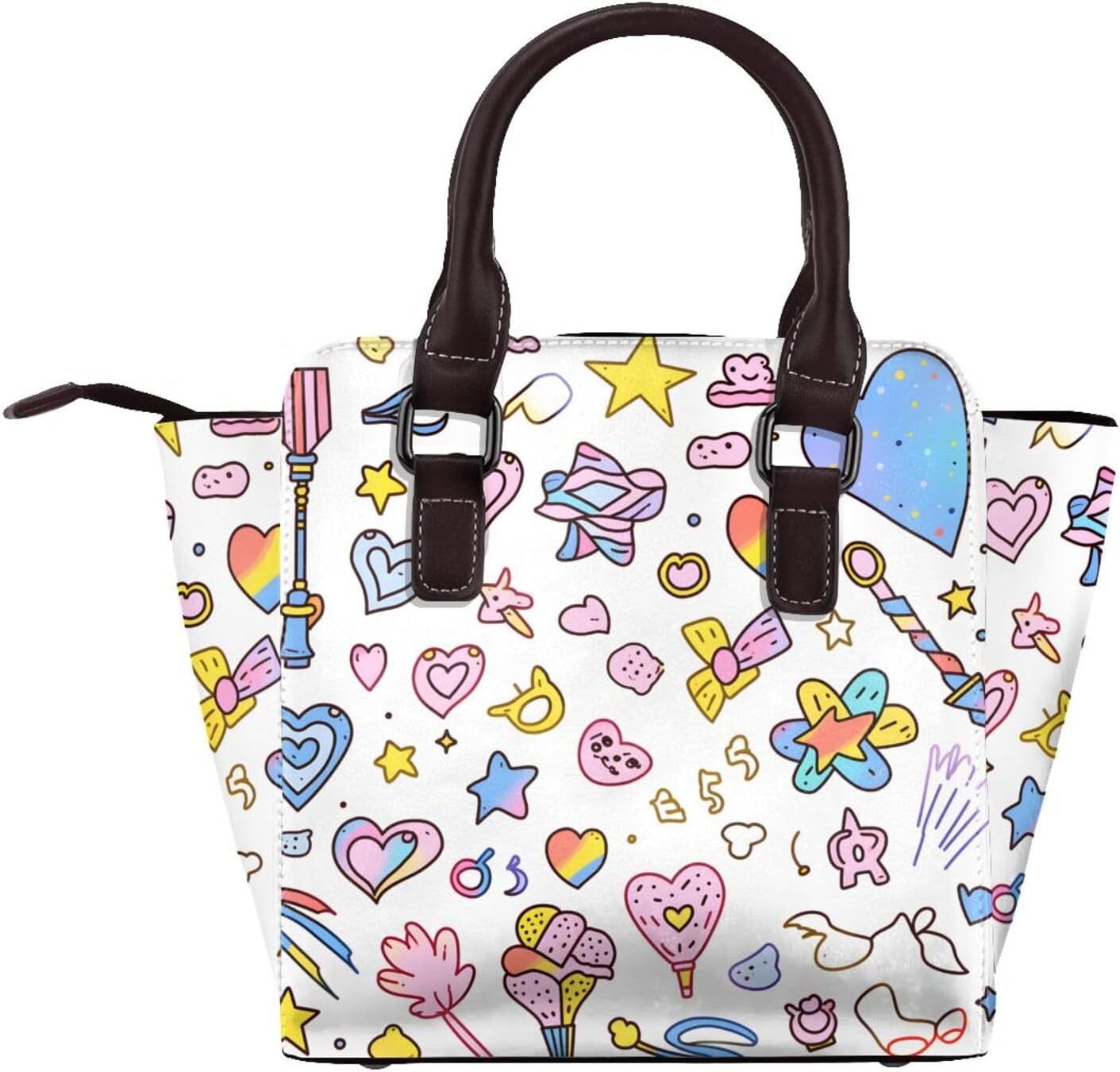 Leather Shoulder Bag for Women, Rainbow Heart Studded Purse Cute Sketch Star Crossbody Handbags Punk Hobo Bag with Adjustable Strap