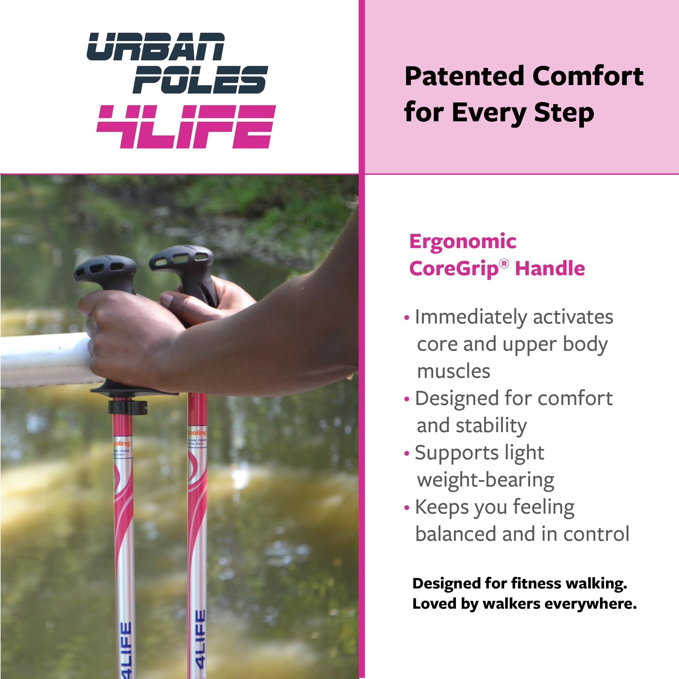 Urban Poling Urban Pole 4Life - Lekkie, aluminiowe kijki do nordic walkingu - różowe i srebrne - 1 para - dla użytkowników 100 cm - 160 cm - 150 cm - składany i regulowany sprzęt turystyczny