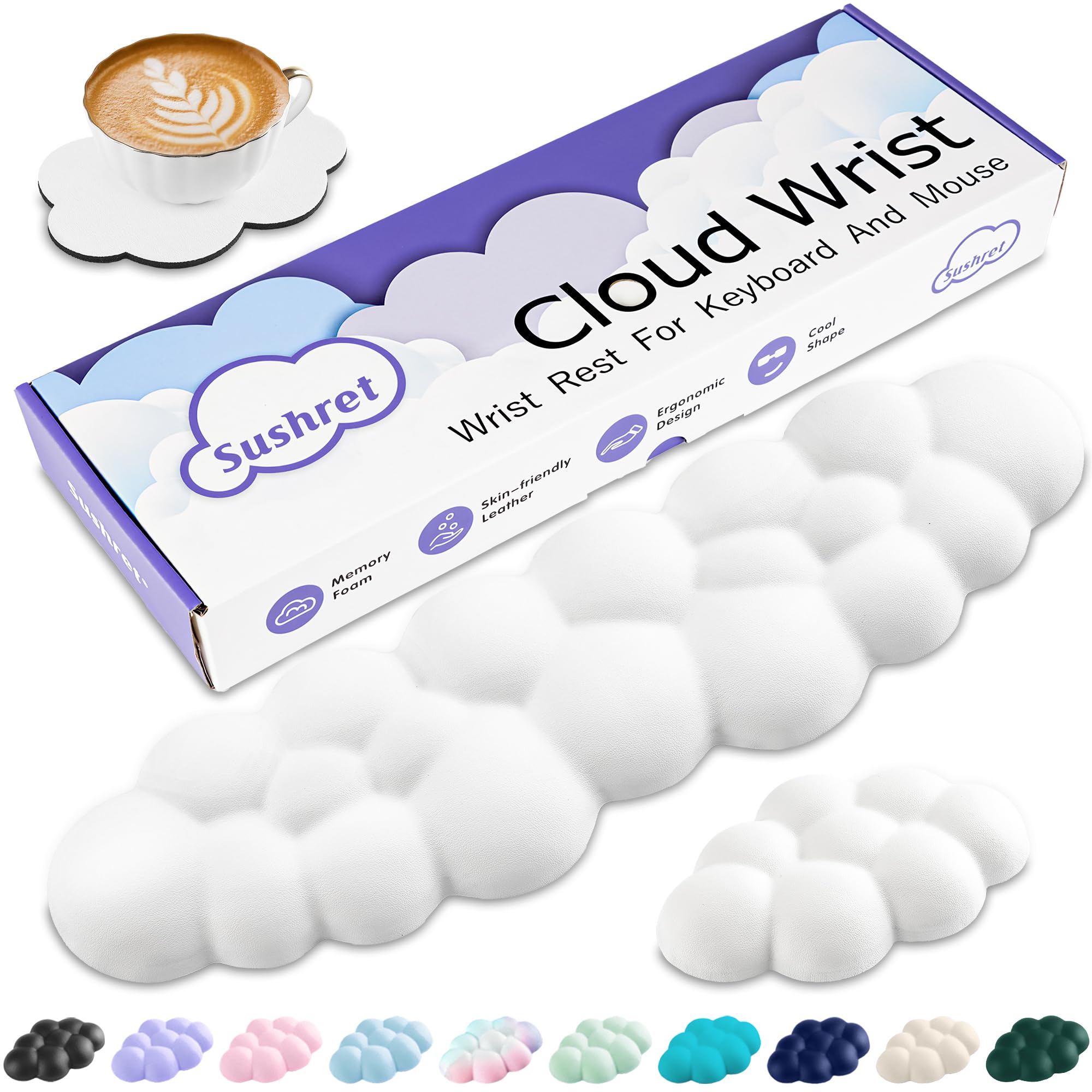 Cloud Wrist Rest Keyboard, Cloud Palm Rest with PU Leather Memory Foam Cute Keyboard Rest for Wrist Support and Arm Rest, Desk Cloud Wrist Pad for PC Gaming/Hand Cushion/Computer/Office(White)