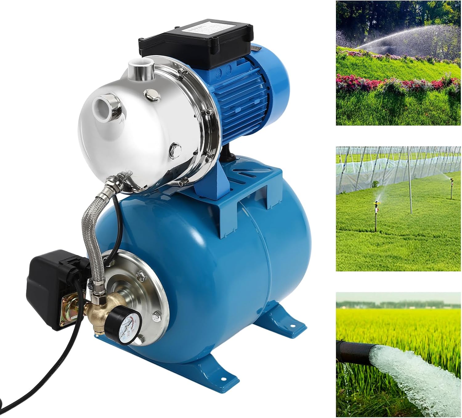 1.6HP Shallow Well Pump with Pressure Tank, 3420r / min Irrigation Jet Pump with 898.18-Gal Pressure Tank Automatic Booster System for Home, Farm, Pool, Maximum Head 157.48ft, 110V Blue