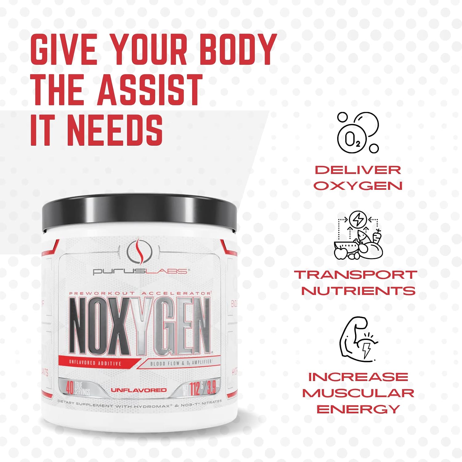Purus Labs NOXygen Powder Pre-Workout Accelerator | Nitric Oxide Booster & Oxygen Amplifier | Hydromax Glycerol & NO3-T Nitrates | 40 Servings (Unflavored)