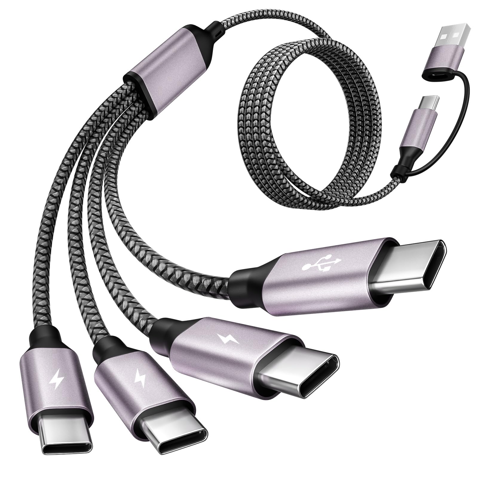 여행 및 자동차 USB C 케이블, USB C 스플리터 멀티 충전 케이블, 4 in 2 USB A/C 충전 케이블, 4개의 타입 C 포트, 아이폰 17/16/15 프로 맥스/안드로이드/갤럭시 S26 및 기타 USB C 장치와 호환 - 1.5m(5피트)