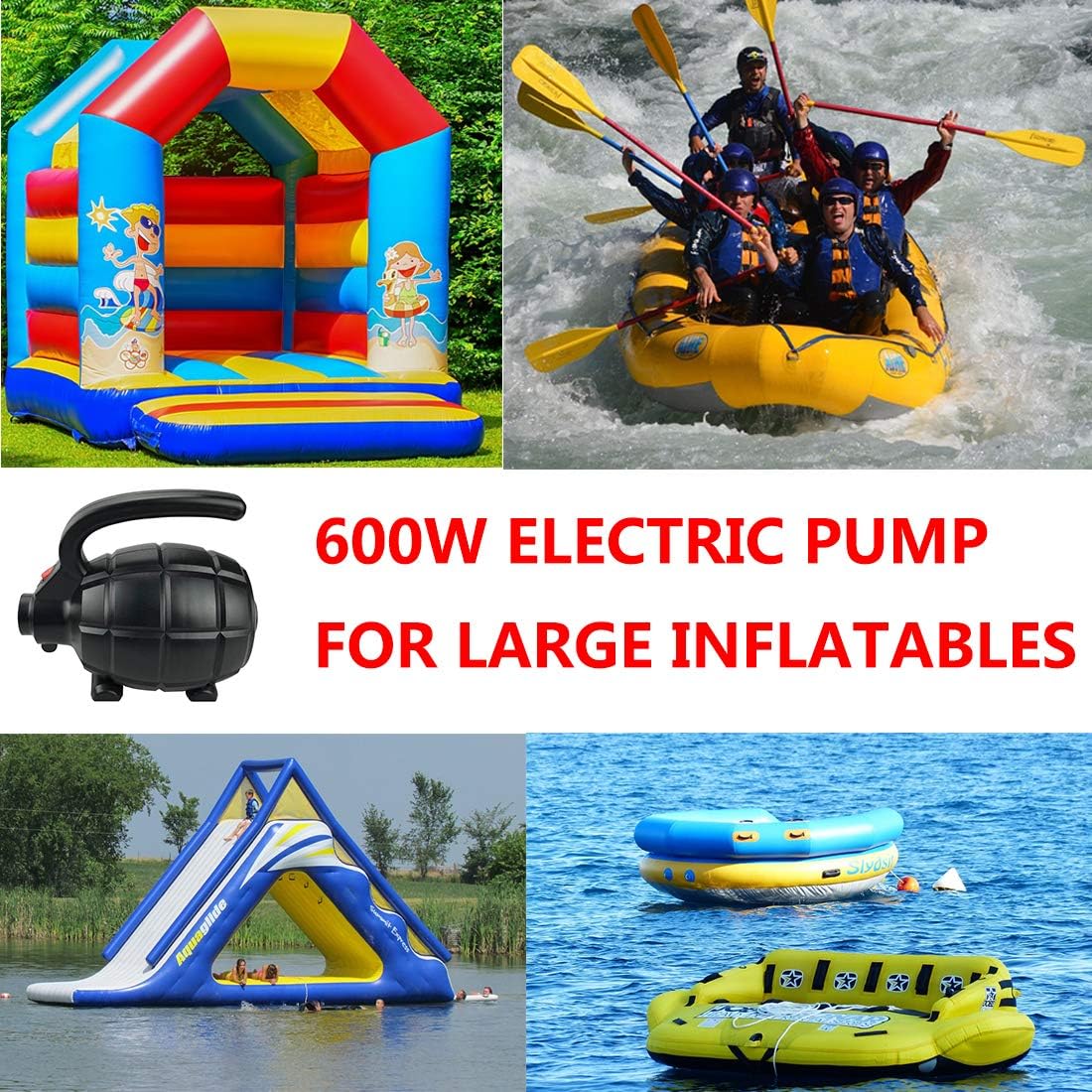 BOMPOW Electric Air Pump for Inflatables, AC (110V), 600W, 20L/min, Black, 4 Detachable Nozzles, Inflator/Deflator, Queen/King Size Air Mattress, Pool Toys, Boat, Raft