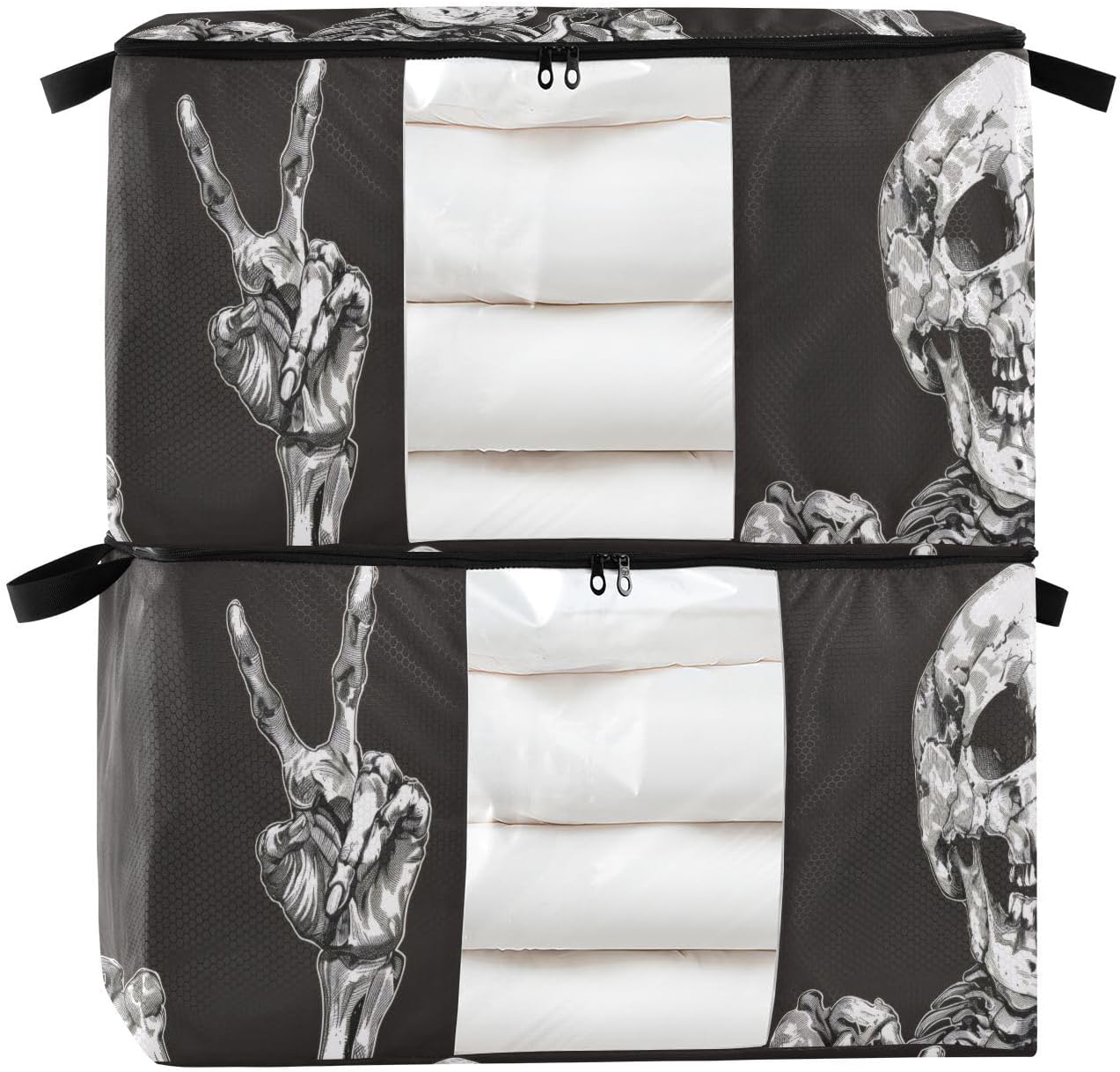 Skeleton Middle Finger Clothes Storage Bags 95L Large Closet Organizer Bags 2-Pack, Zippered, Foldable with Clear Window & Handles - Ideal for Comforters, Blankets