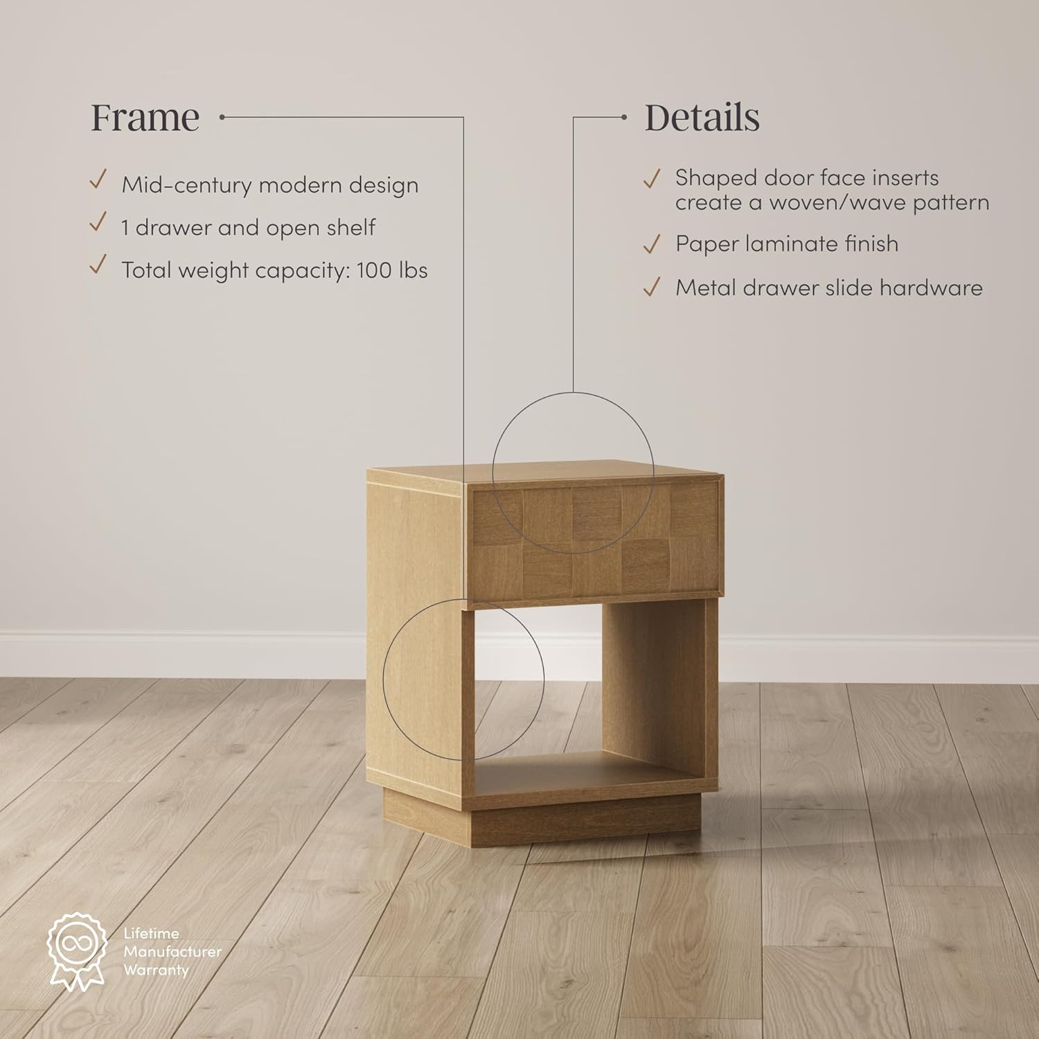 Nathan James Paige Mid Century Modern Nightstand with 1 Drawer, Rustic Bedside Table with Sculpted Drawer Front and Open Bottom Shelf, Light Brown