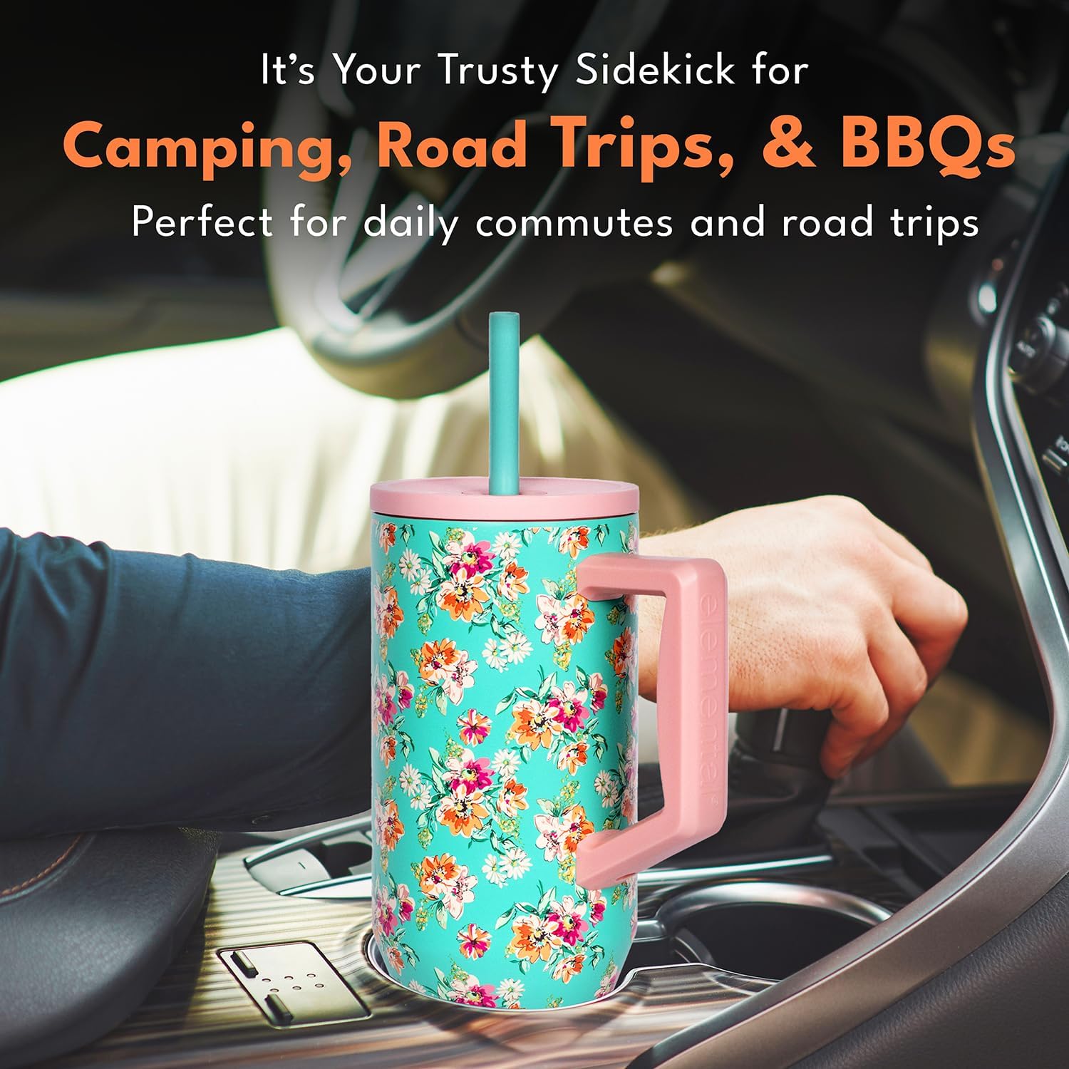 Elemental 40 oz Tumbler with Handle and Straw - Spill Proof Insulated Stainless Steel Commuter for Hot and Cold Beverages - Travel Coffee Mug with 2 Straws & Spill Proof Lid - 40oz - Vintage Flower - Image 8