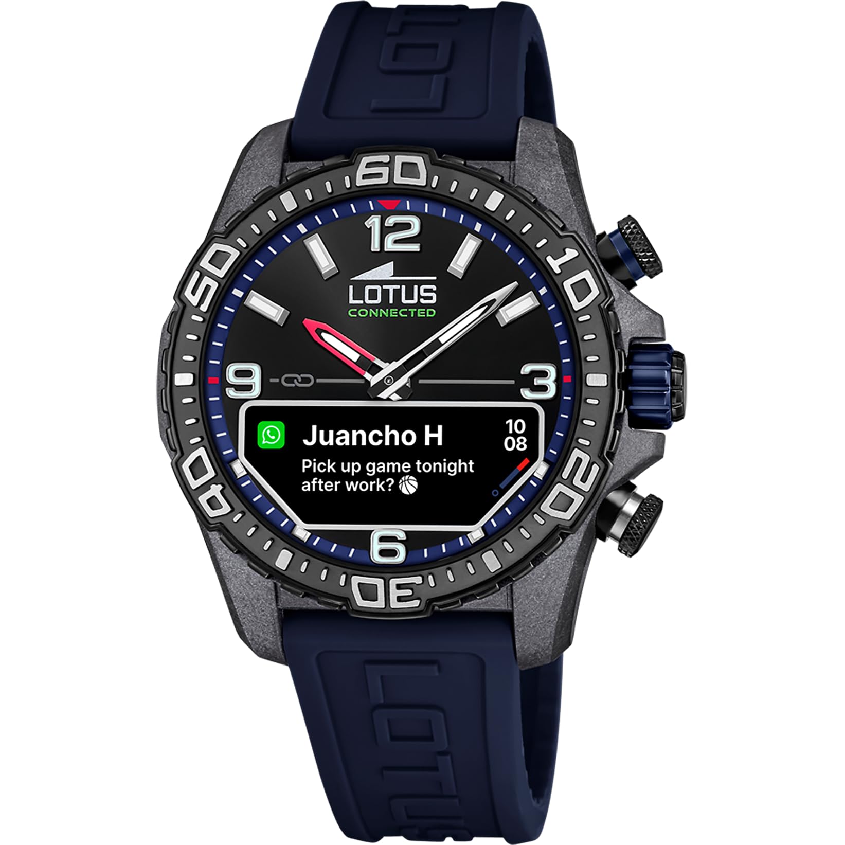 LOTUS Hybrydowy męski smartwatch połączony z gumą D - inteligentny analogowy 20000 - kontrola muzyki, liczenie kroków, powiadamianie i odrzucanie połączeń - do 10 dni baterii
