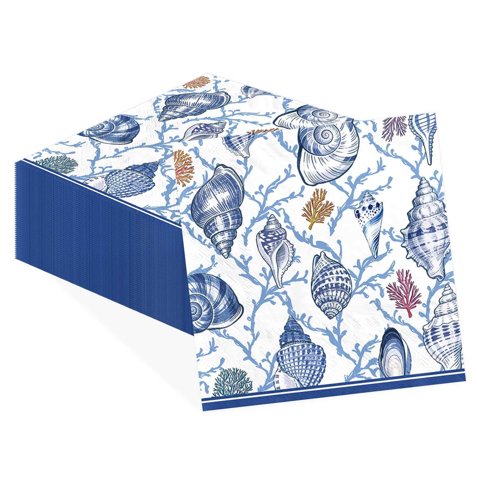 50Pcs Blue Coastal Cocktail Napkins 5 x 5 inch 3 Ply Beach Seashell Paper Napkins Disposable Absorbent Under the Sea Beverage Napkin for Summer Coastal Wedding Bridal Ocean Seaside Nautical Supplies