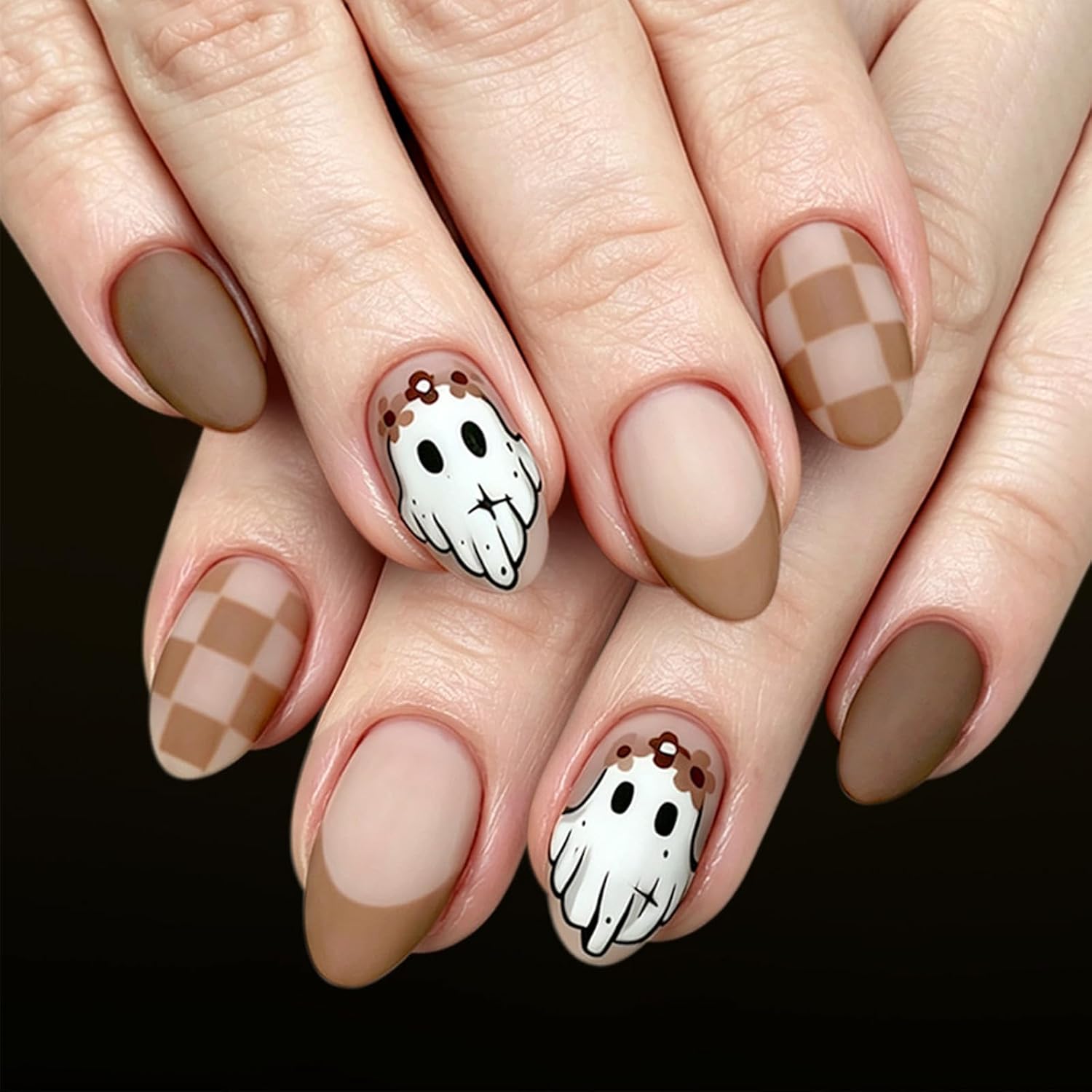 Press on Nails Halloween 3D Ghost Spider Web Medium Almond Fake Nails