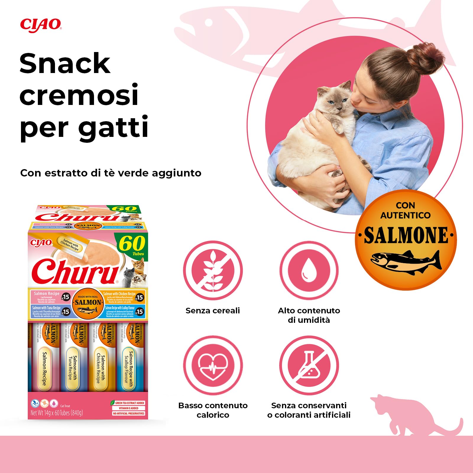 INABA Churu Salmon Variety Pack, Snack Cremosi per Gatti in Morbido Purè da Dare a Mano, Ricette con Salmone, Tonno, Pollo e Capesante, Ingredienti di Alta Qualità, Ricchi di Umidità, 60 stick da 14g