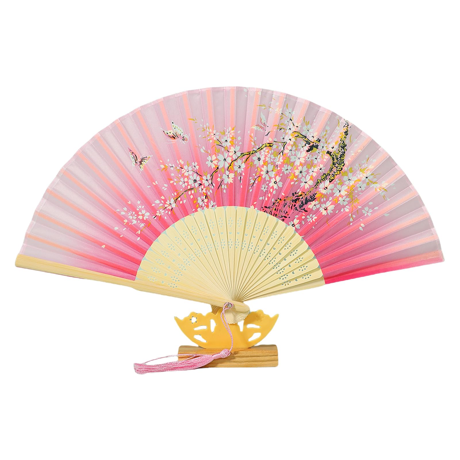 alloneslife Frame Handheld Fan Chinese Florals Pattern Folding Fan Wedding Dance Photography Props Home Decors Chinese Folding Elegant Tassels Decorative