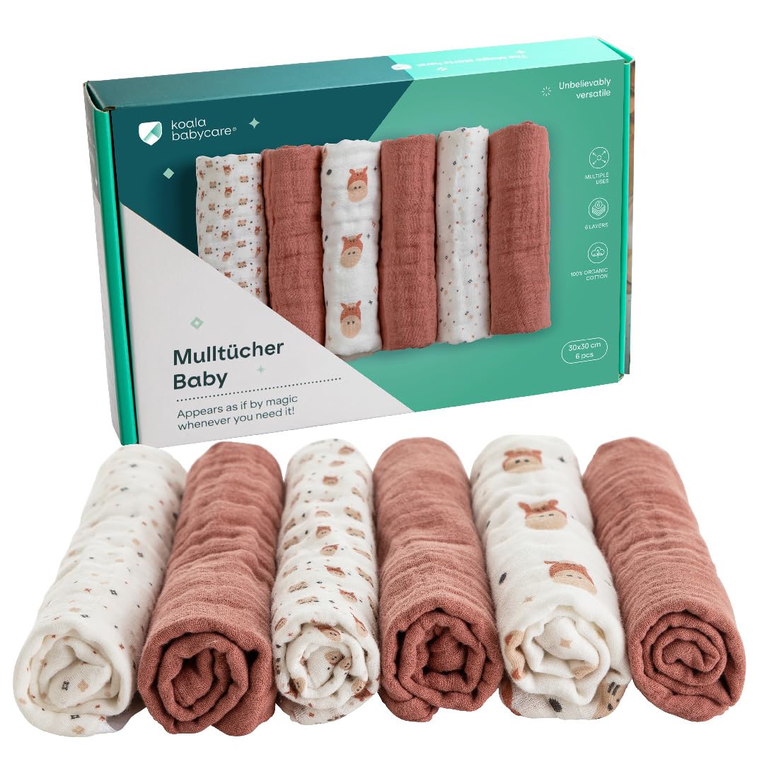 KOALA BABYCARE - Mulltücher Baby 30x30cm aus Weicher Baumwolle - Spucktücher Packung mit 6 Stück - Atmungsaktiv und Saugfähig Ideal zum Reinigen und Trocknen