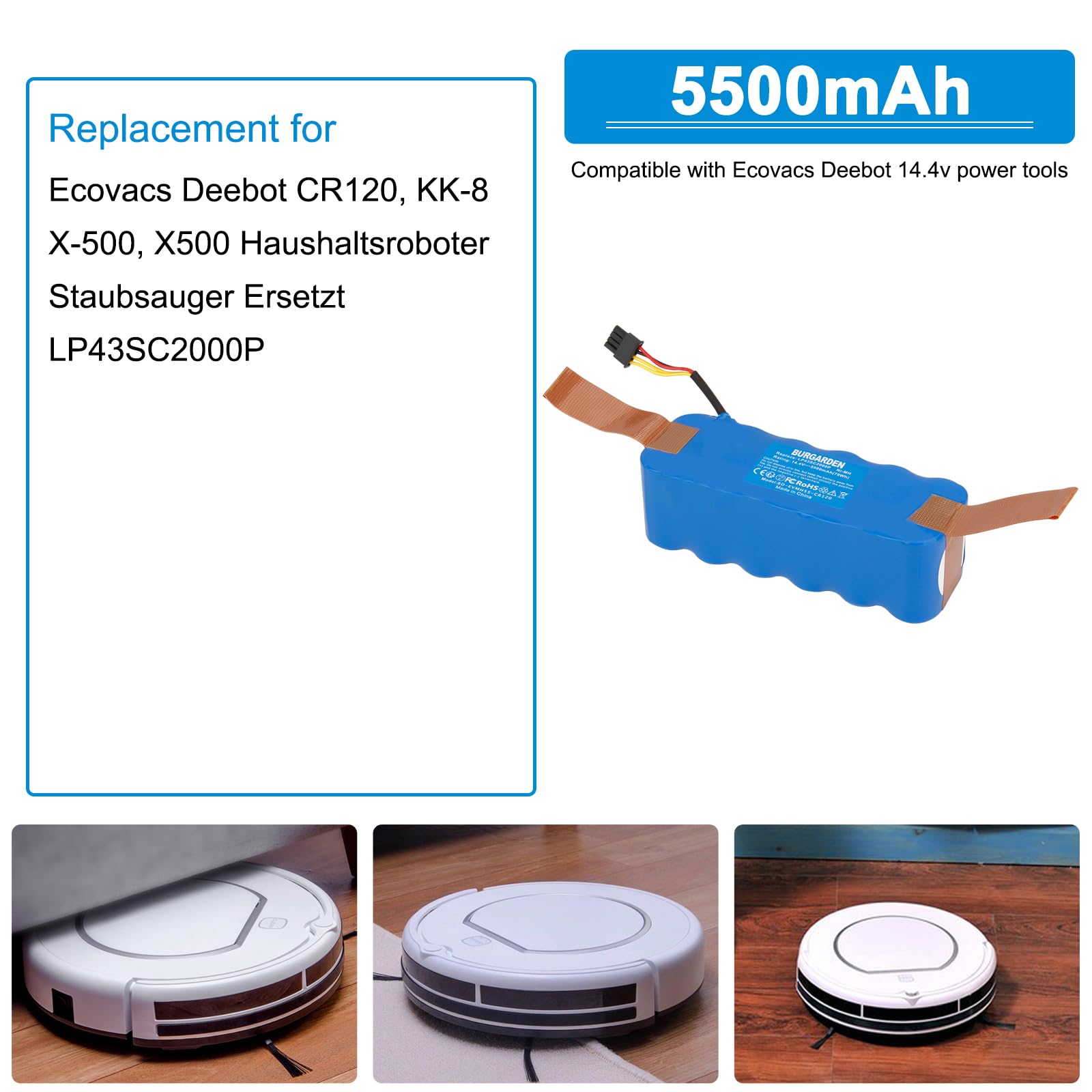 14.4V 5500mAh NI-MH Batterie pour Ecovacs Deebot CR120 X500 X-500 KK-8