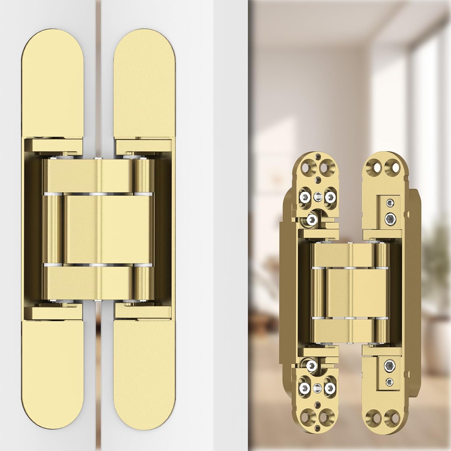 Hidden Door Hinges 2 Pack 6inch Concealed Hinges Gold Invisible Door Hinge 180 Degree Swing Hinge 3 Way Adjustable Silent Butt Hidden Hinge for Doors 6 x 2.5 x 1 inch