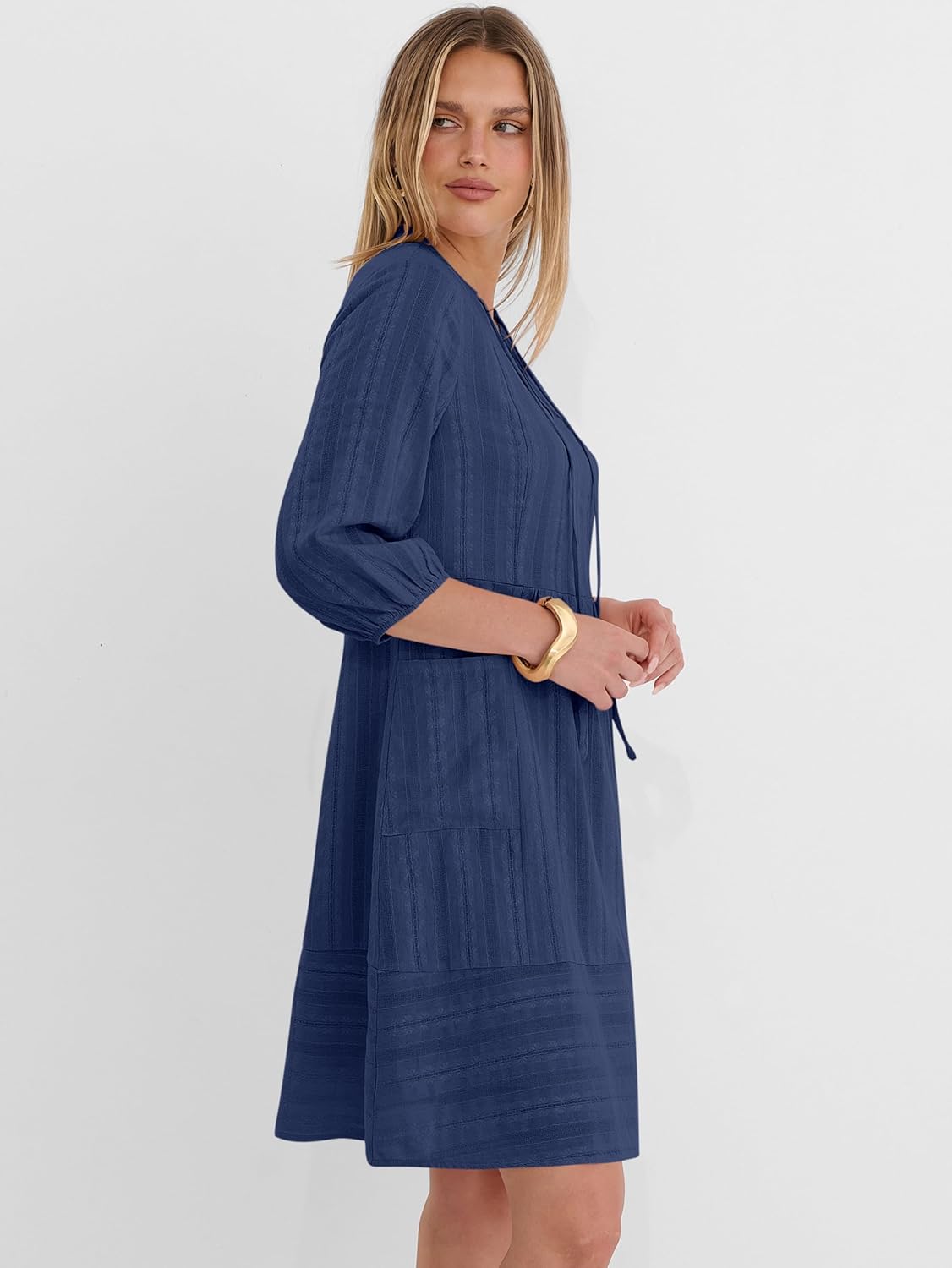 Caracilia Women’s Summer 3/4 Sleeve V Neck Casual Shift Dresses with Pockets, for Daily Resort and Beach Cover Up