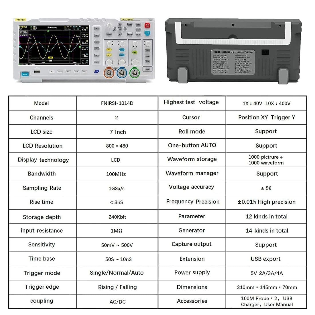 Yellow Tommy FNIRSI 1014D Digital Oscilloscope | 2-in-1 DSO with DDS Signal Generator, Dual Channel, 100MHz Bandwidth, 1GSa/s Sampling, 1GB Storage | Lab & Electronics Testing Tool - Image 3 thumbnail