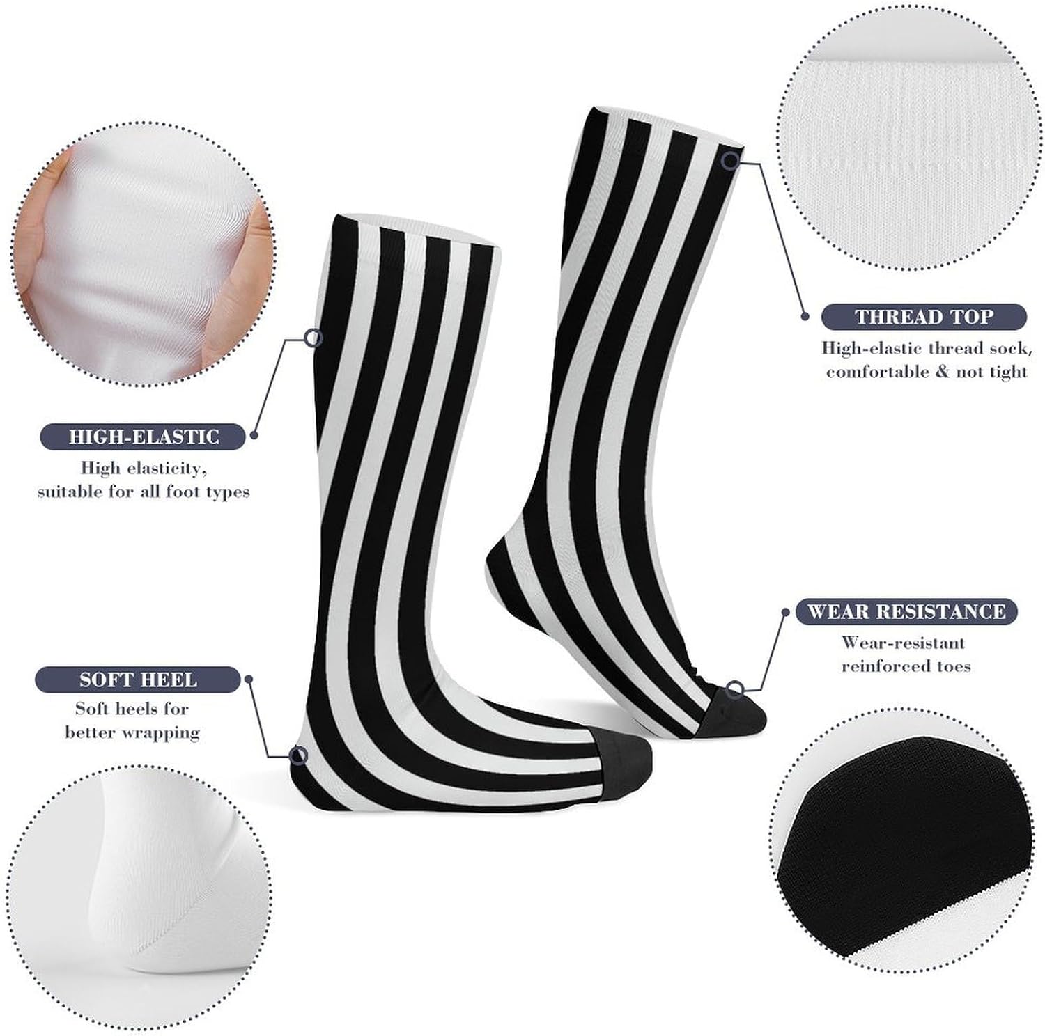 Black & White Stripe Compression Sock Circulation Support Socks Lightweight Knee High Tube Sock Over-The-Calf Sock for Adult