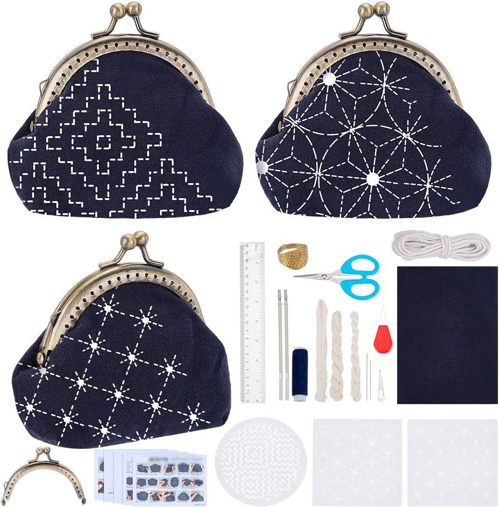 FREEBLOSS 3 Set Sashiko Bag Kit Sashiko Embroidery Kit for Beginners DIY Bag Embroidery Kits Includes Sewing Thread, Needles, Fabric, Thimble Hand Sewing Kits with PET Template
