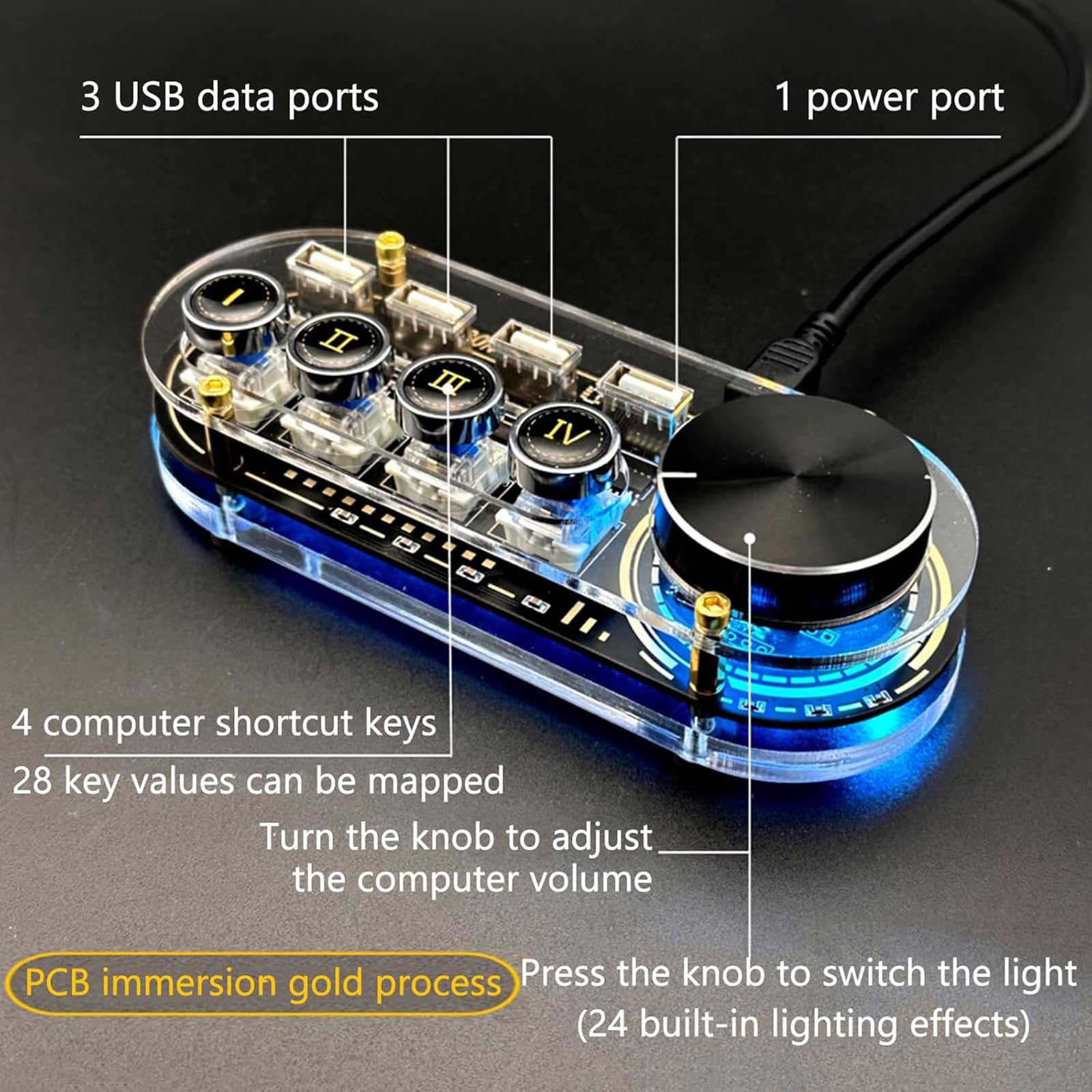 Docking Station USB, Hub USB Multifunzione Con Manopola Per Il Controllo Del Volume, 24 Tipi Di Luci RGB, 3 Porte USB 2.0 Per La Trasmissione Dati E 1 Porta USB 2.0 Per L'alimentazione, Per Tablet