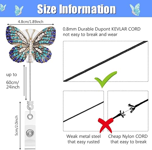 Miniatura 5 de Paquete de 4 carretes retráctiles con diamantes de imitación de mariposa para enfermera, con clip de cocodrilo giratorio, cordón de nailon, soporte