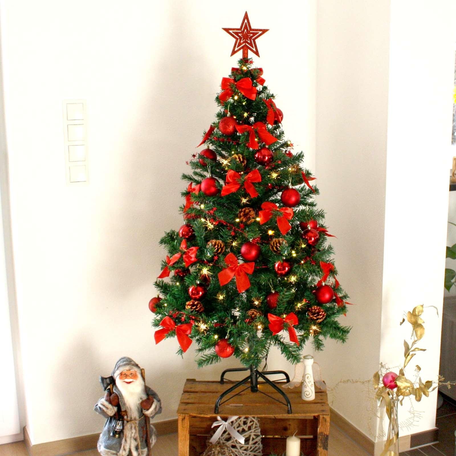 Weihnachtsbaum künstlich (WBD) 150 cm grün mit Weihnachtsdeko rot und Led Lichterkette mit Batteriebox und Fernbedienung künstlicher Christbaum klein Tannenbaum