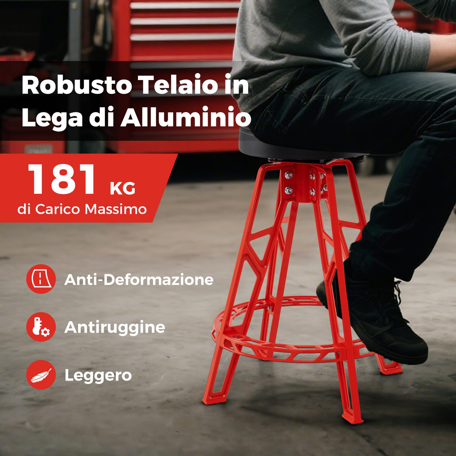 COSTWAY Sgabello da Officina, Sedia Meccanico in Metallo con Girevole a 360° e Seduta Imbottita, Capacità di 182 kg, Sgabello Alto da Lavoro con Poggiapiedi per Garage e Officina, Rosso + Nero