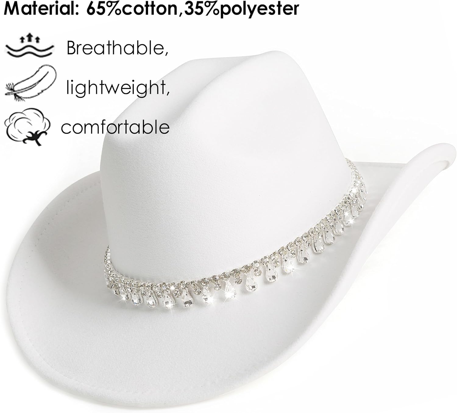 White Cowgirl Hats Pinched Wide Brim Cowboy Hat for Women