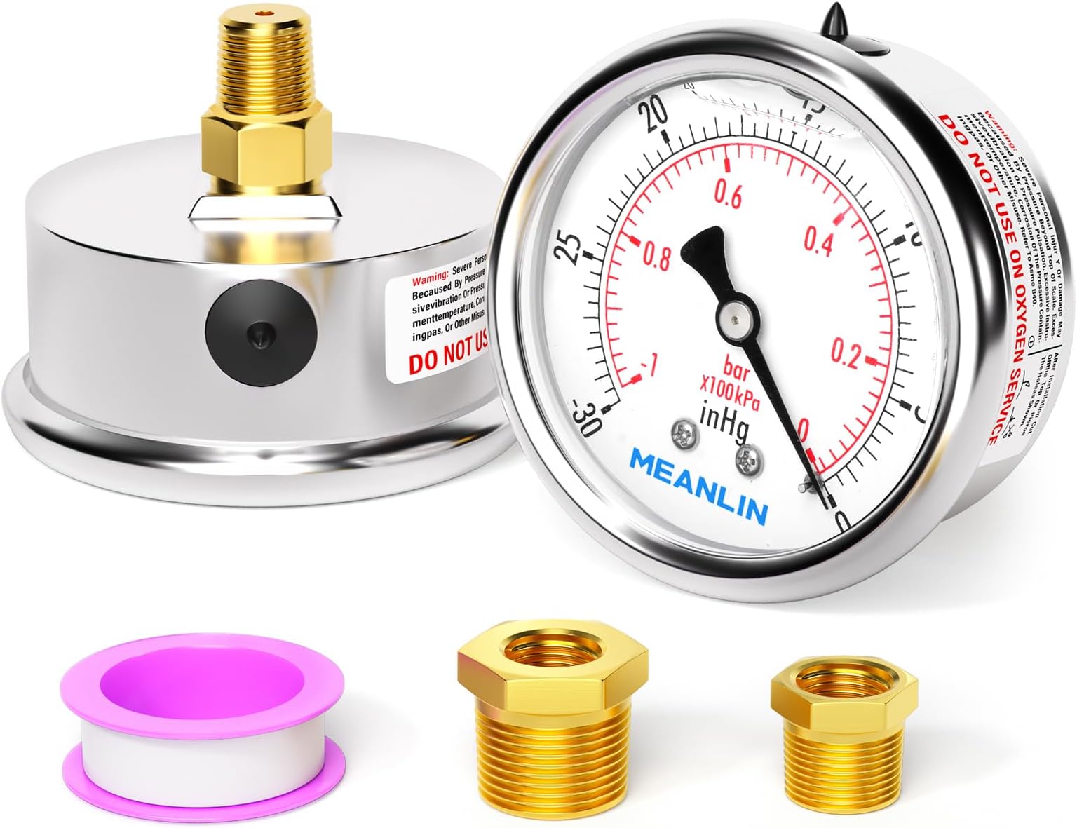 MEANLIN MEASURE -30inHG~0Psi Stainless Steel 1/8" NPT 2.5" FACE DIAL Vacuum Pressure Gauge, Center Back Mount, with 1/4" NPT and 3/8" NPT Hex Bushing