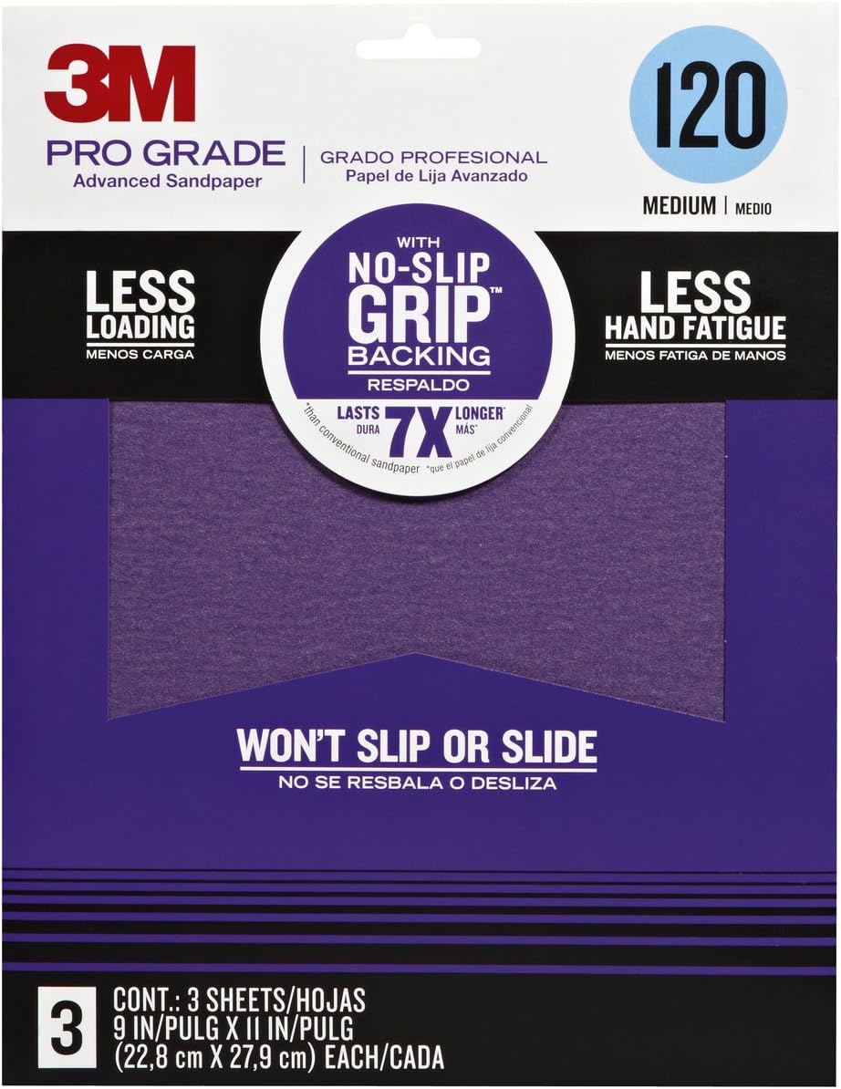 3M Pro Grade No-Slip Grip Sandpaper, 3-Pack, 120-Grit