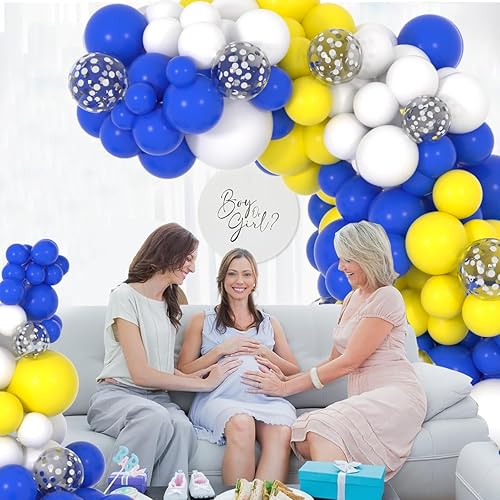 Miniatura 5 de Kit de arco de guirnalda de globos azules, amarillos y blancos, 116 globos de confeti azul real, amarillo, blanco, plateado, para cumpleaños, novia,