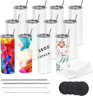12 Pack Sublimation Blanks Tumblers Bulk 20 oz Flat Edge Skinny Straight Tumbler for Heat Transfer, Vacuum Insulation Double Wall Stainless Steel Tumbler with Lid and Straw,Individually Boxed