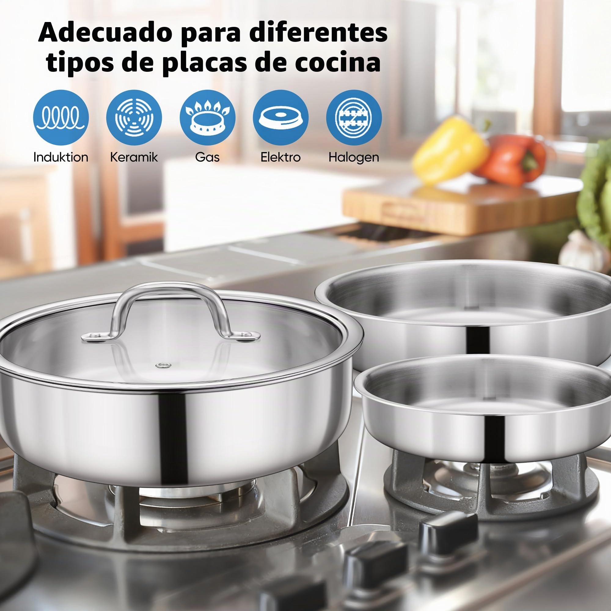 Joyfair Set de ollas, 9 piezas de ollas de acero inoxidable con mango desmontable, juego de sartenes apto para inducción con sartén, olla, olla de cocción lenta y tapa, para todo tipo de cocinas, apto