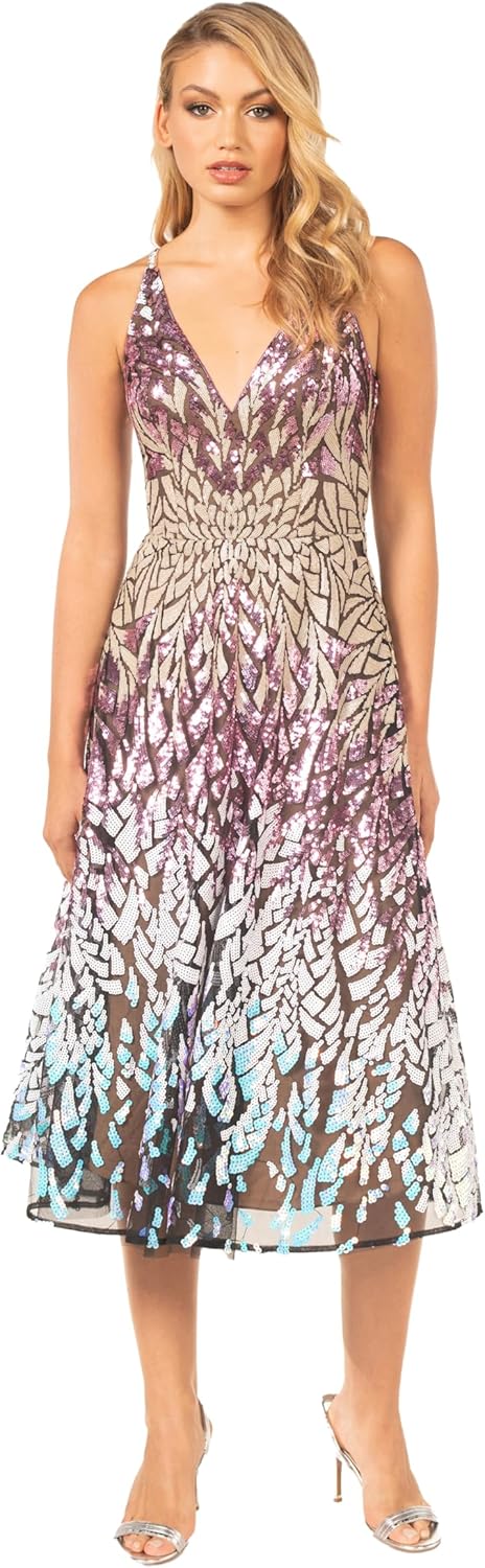 Dress the Population Womens Elisa Sleeveless Plunge Neckline Fit and Flare Midi Dress