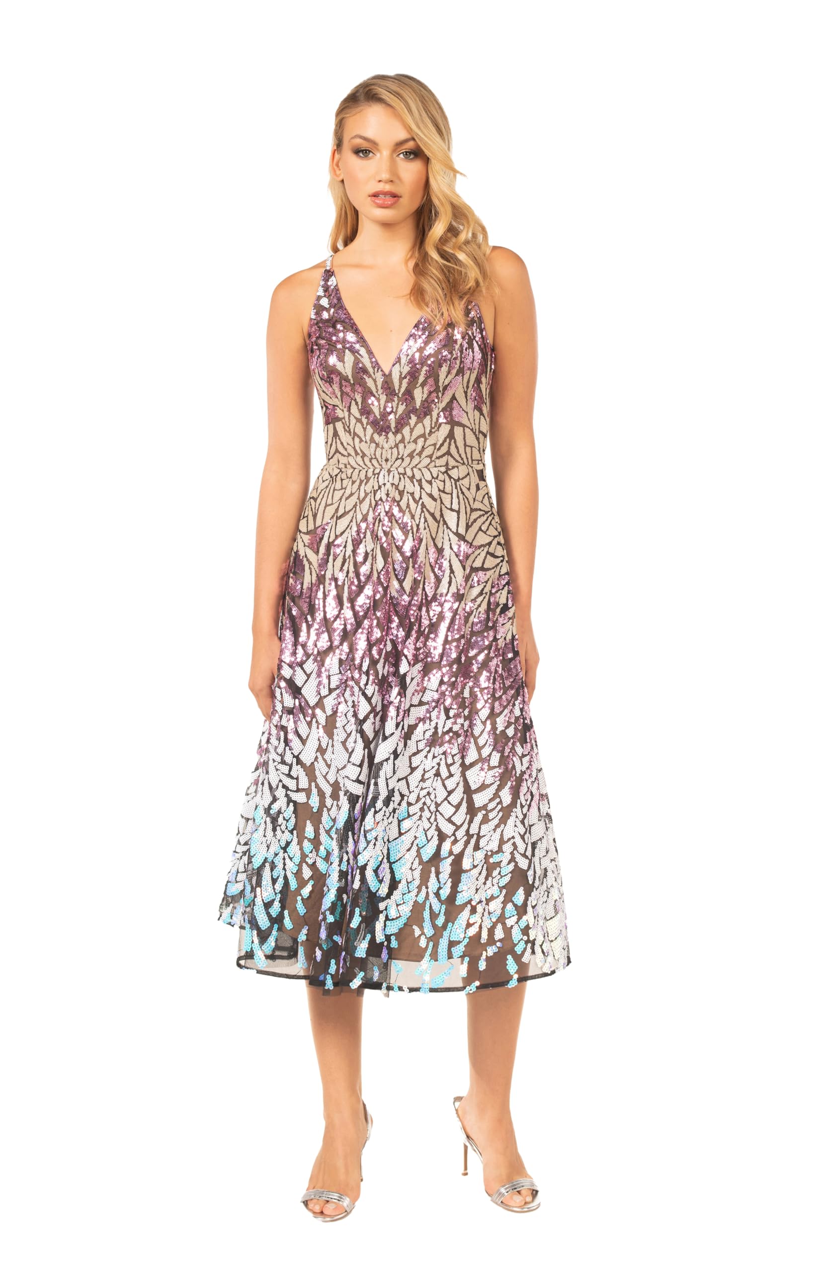 Dress the Population Women's Elisa Sleeveless Plunge Neckline Fit and Flare Midi Dress
