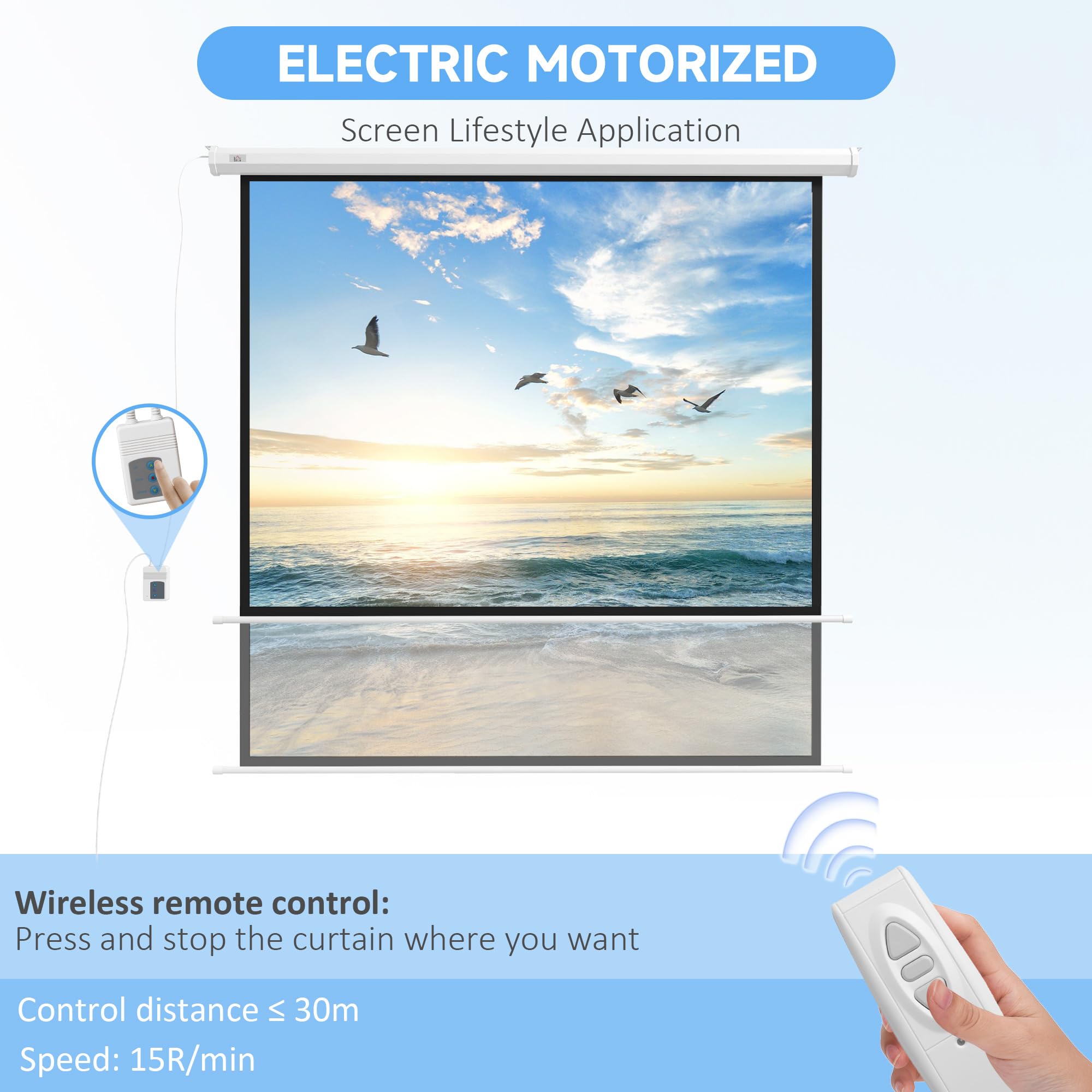 Schermo per videoproiettore HOMCOM da 96 pollici, schermo di proiezione elettrico e motorizzato 4K HD 1:1, schermo di proiezione per TV e home cinema, montaggio a parete o a soffitto, pannello di