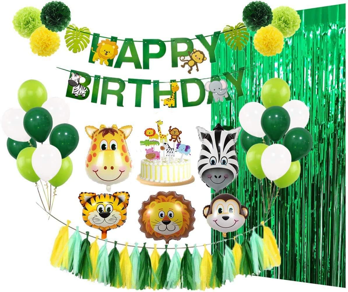 Jungle Safari Animal Theme Party Supplies 65pcs - Happy Birthday Banner, Animal Head Foil Balloons/Cupcake Toppers, Green White Latex Balloons/Paper Pom Poms, Green Foil Fringe Curtain, Tissue TASS