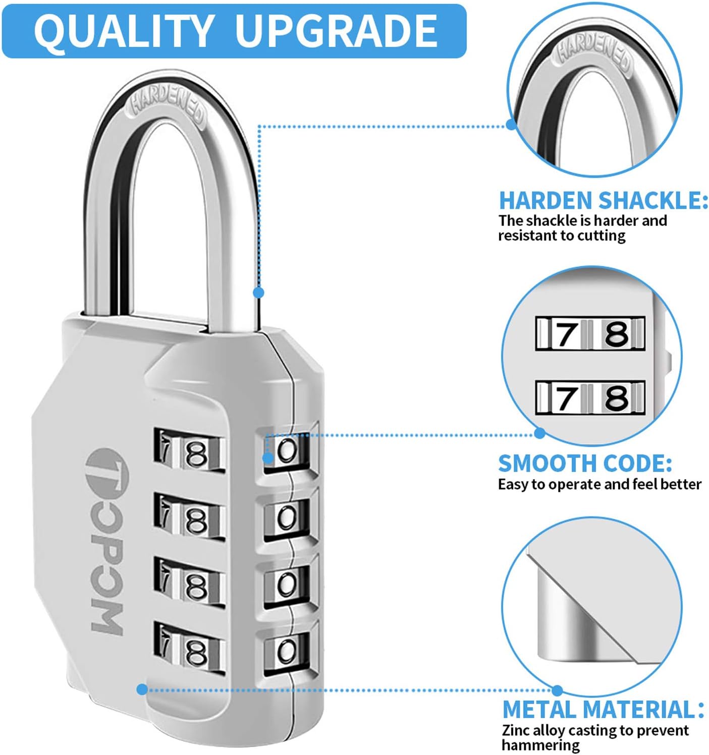 TOPOM Combination Lock 4 Digit Outdoor Waterproof Padlock for School Gym Sports Locker, Gate, Fence, Toolbox, Hasp Storage (Silver, Pack of 2)