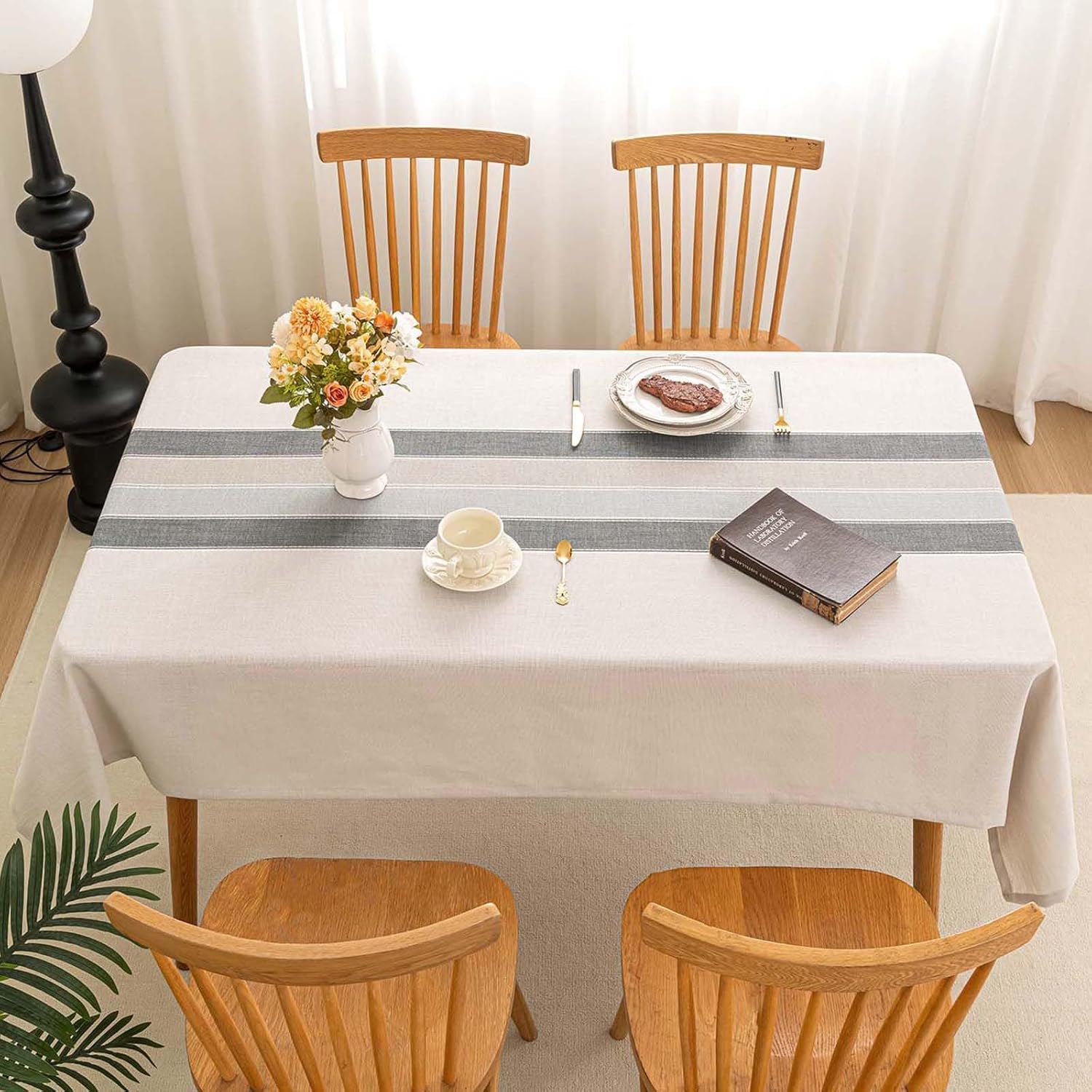 SIELUNO Rectangle Table Cloth Cotton Linen Waterproof Embroidery Tablecloth Rustic Farmhouse Style for Indoor Outdoor Dinning Tabletop Decoration-Grey Macarons-54 x102