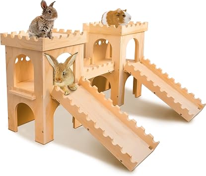 Extra Large Wooden Rabbit Castle Hideaway Tunnel and Bed Small Animal Hideaway Hut Solid Safe Construction Play Hideaway Hut for Rabbit Guinea Pig Chinchilla