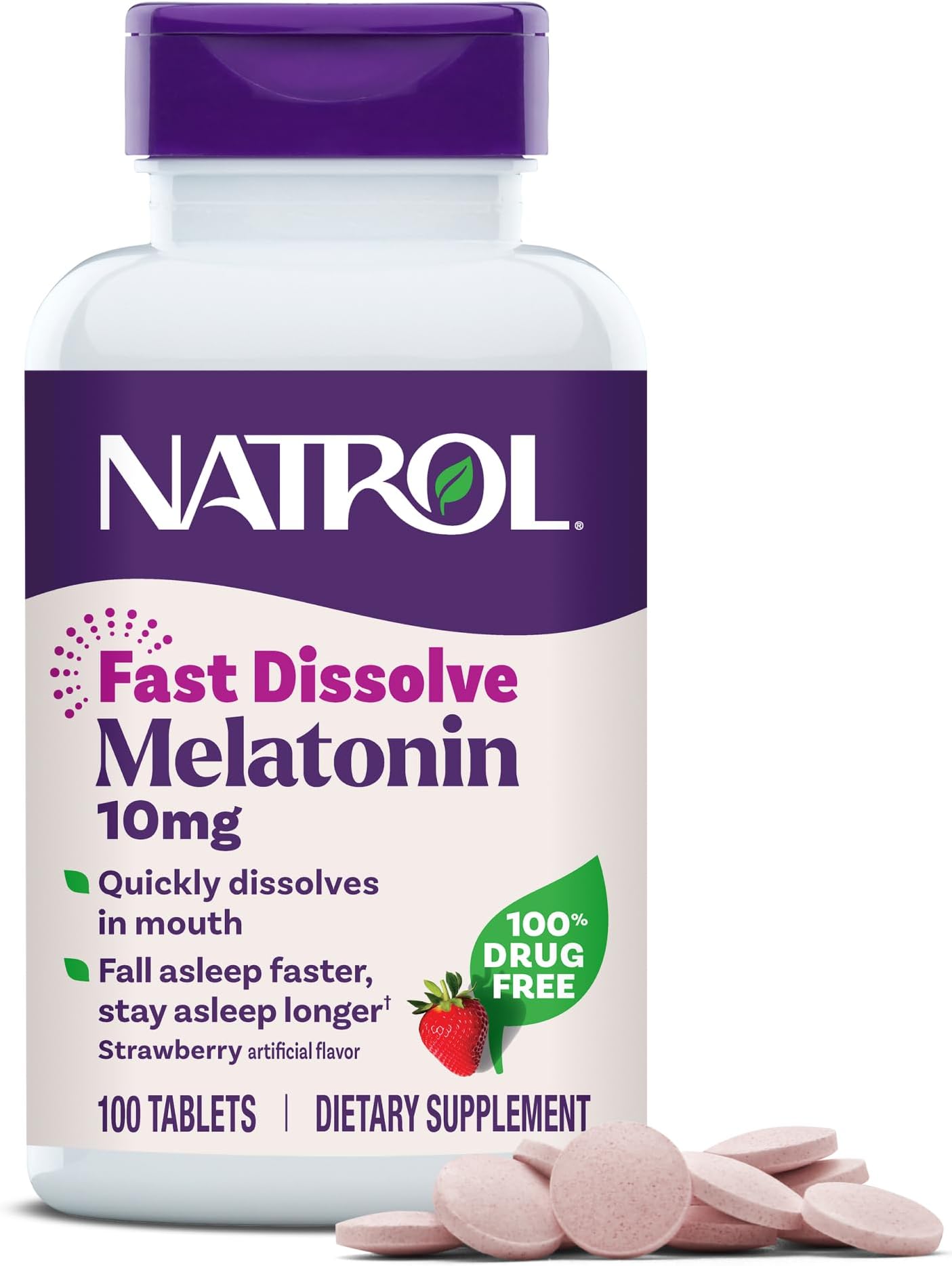 Natrol Melatonin Fast Dissolve Tablets, Helps You Fall Asleep Faster, Stay Asleep Longer, Easy to Take, Dissolve in Mouth, Strengthen Immune System, Maximum Strength, Strawberry Flavor, 10mg, 100Count