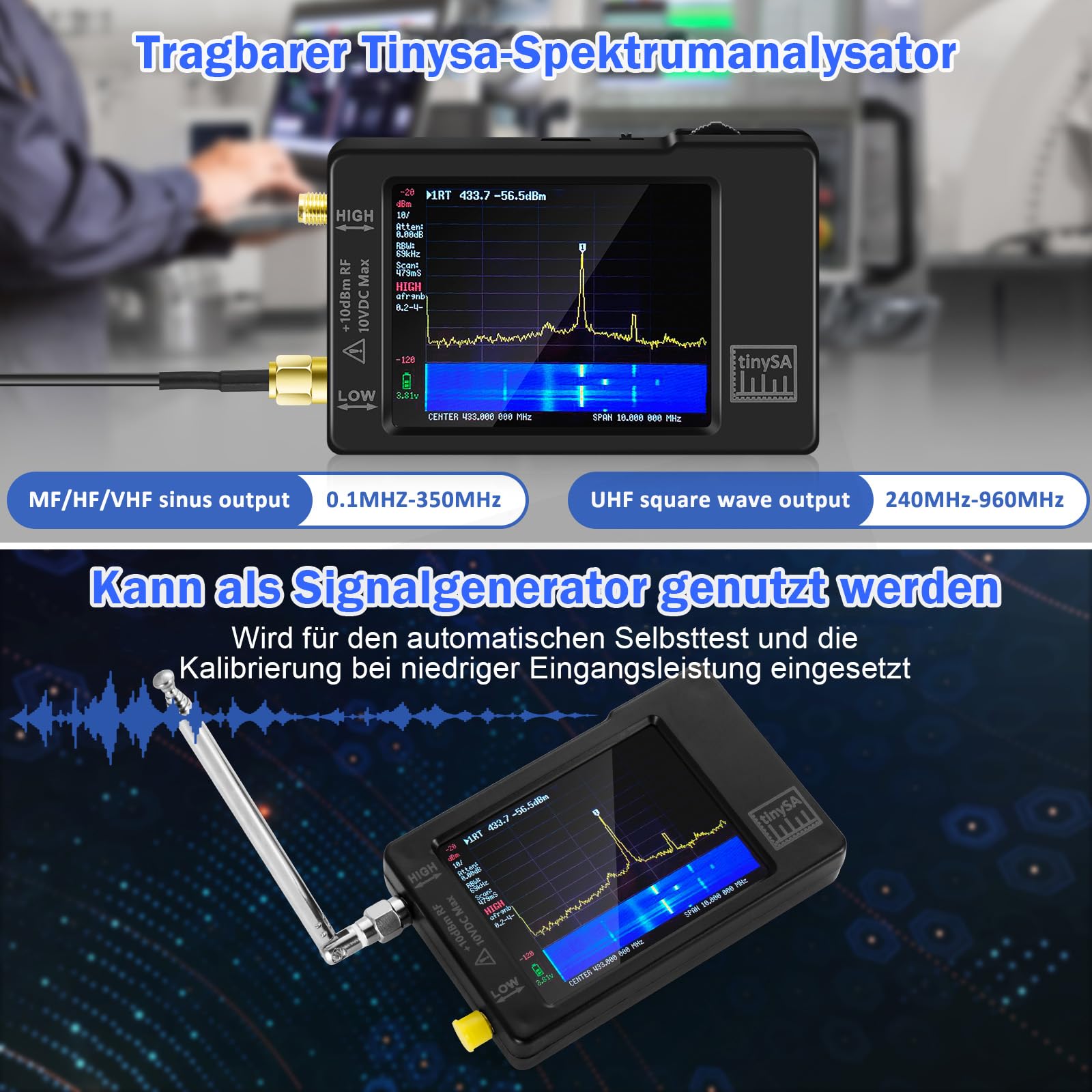 AURSINC TinySA Spektrumanalysator Handheld, 2,8 Zoll Touchscreen V0.3.1 Signalgenerator 100 kHz bis 960 MHz MF/HF/VHF UHF-Eingang ESD-geschützte Funktion