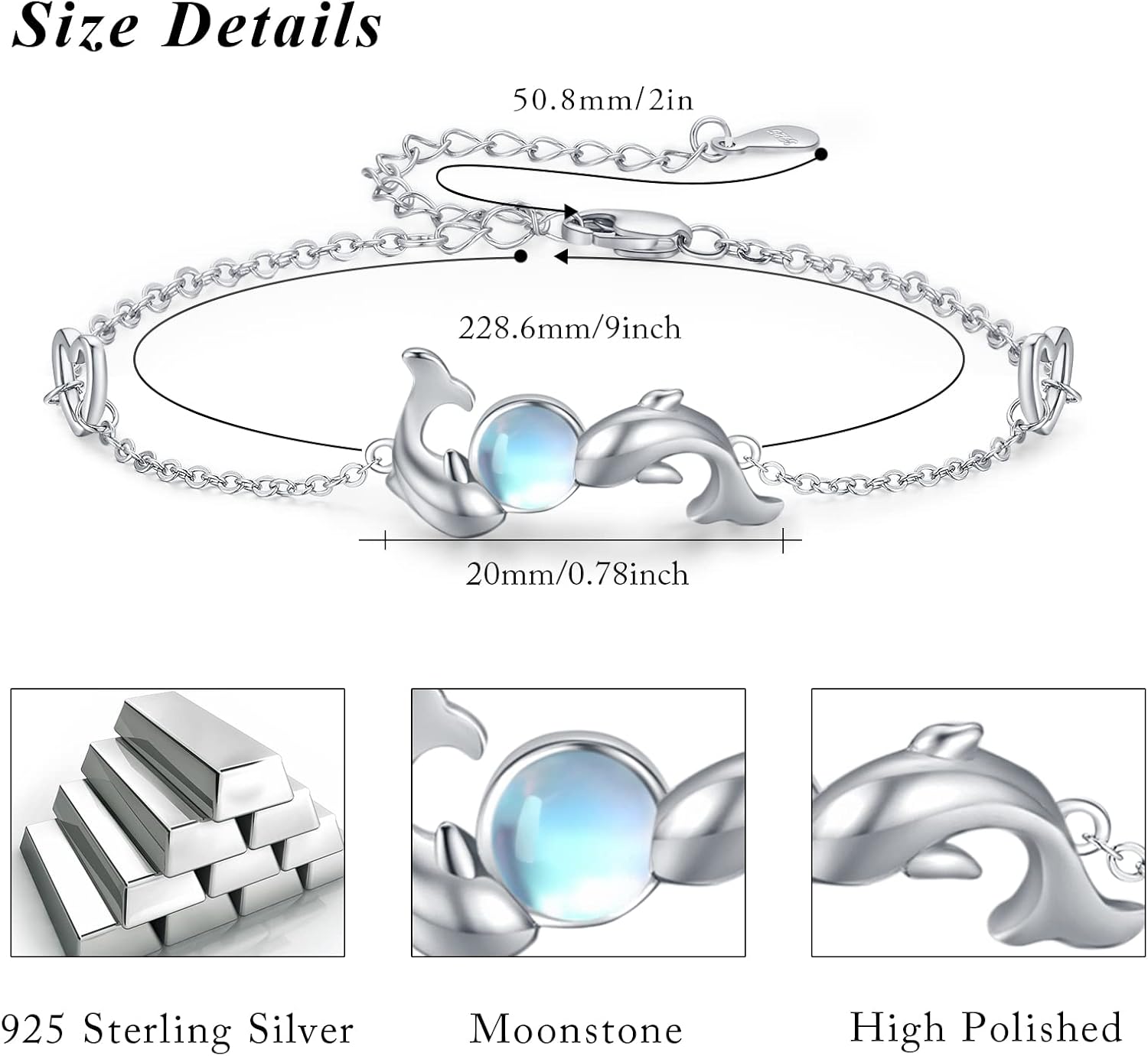 MEDWISE Dolphin Anklet for Women Sterling Silver Dophin Moonstone Ankle Bracelet 9+2 inches Ankle Bracelet Summer Beach Anklet
