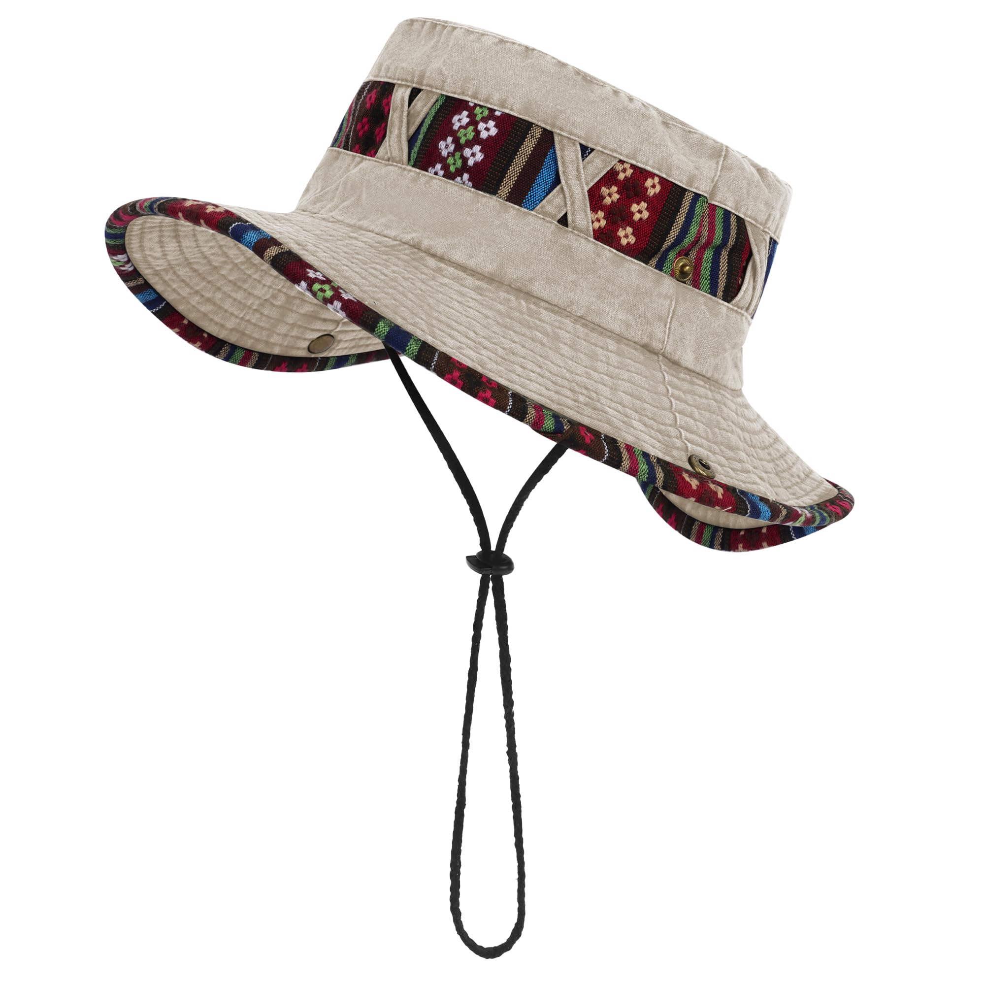 Jiusely Unisex Beige Safari Sun Hat For Men, Cotton Wide Brim Hats Uv Protection Bucket Hat, Printing Fishing Hat Windproof Lightweight Breathable