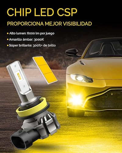 Vista 2 de AUXITO Bombillas LED antiniebla H11/H8/H16 o DRL, 6000 lúmenes, luz amarilla ámbar de 3000 K, 300% de brillo, chips LED CSP antiniebla de repuesto